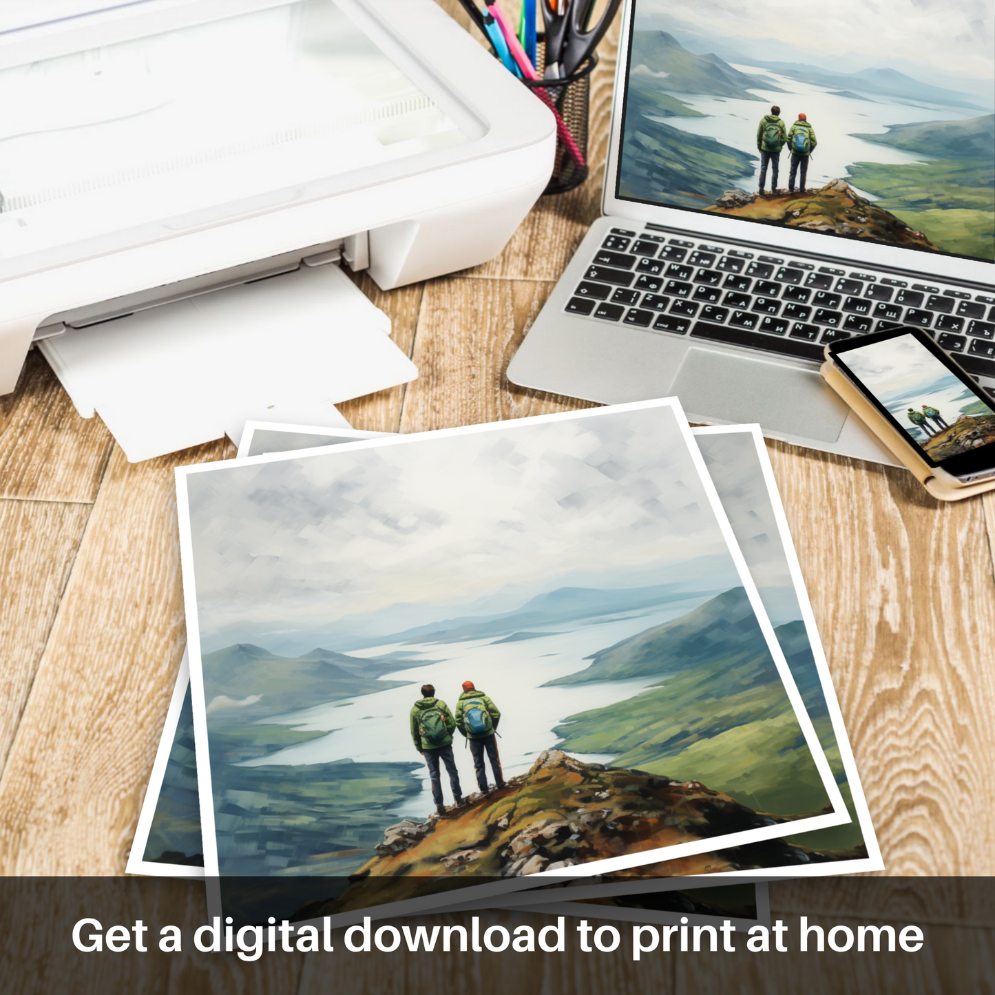 Downloadable and printable picture of Two hikers looking out on Loch Lomond