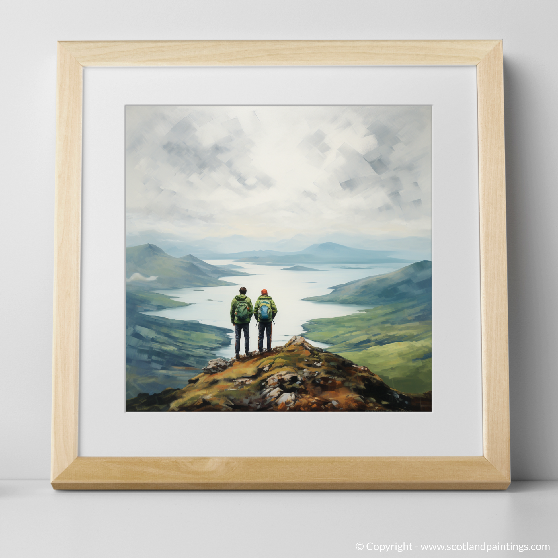 Art Print of Two hikers looking out on Loch Lomond with a natural frame