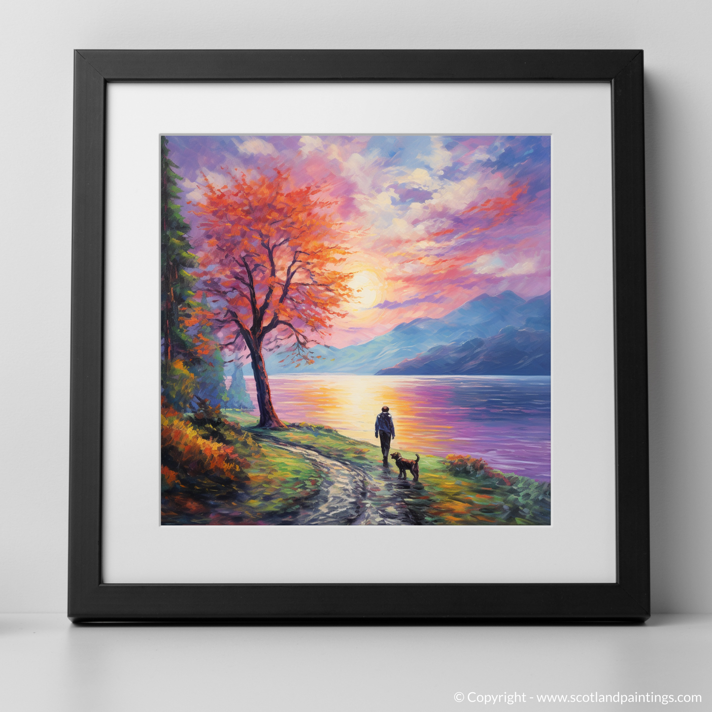 Art Print of A man walking dog at the side of Loch Lomond with a black frame