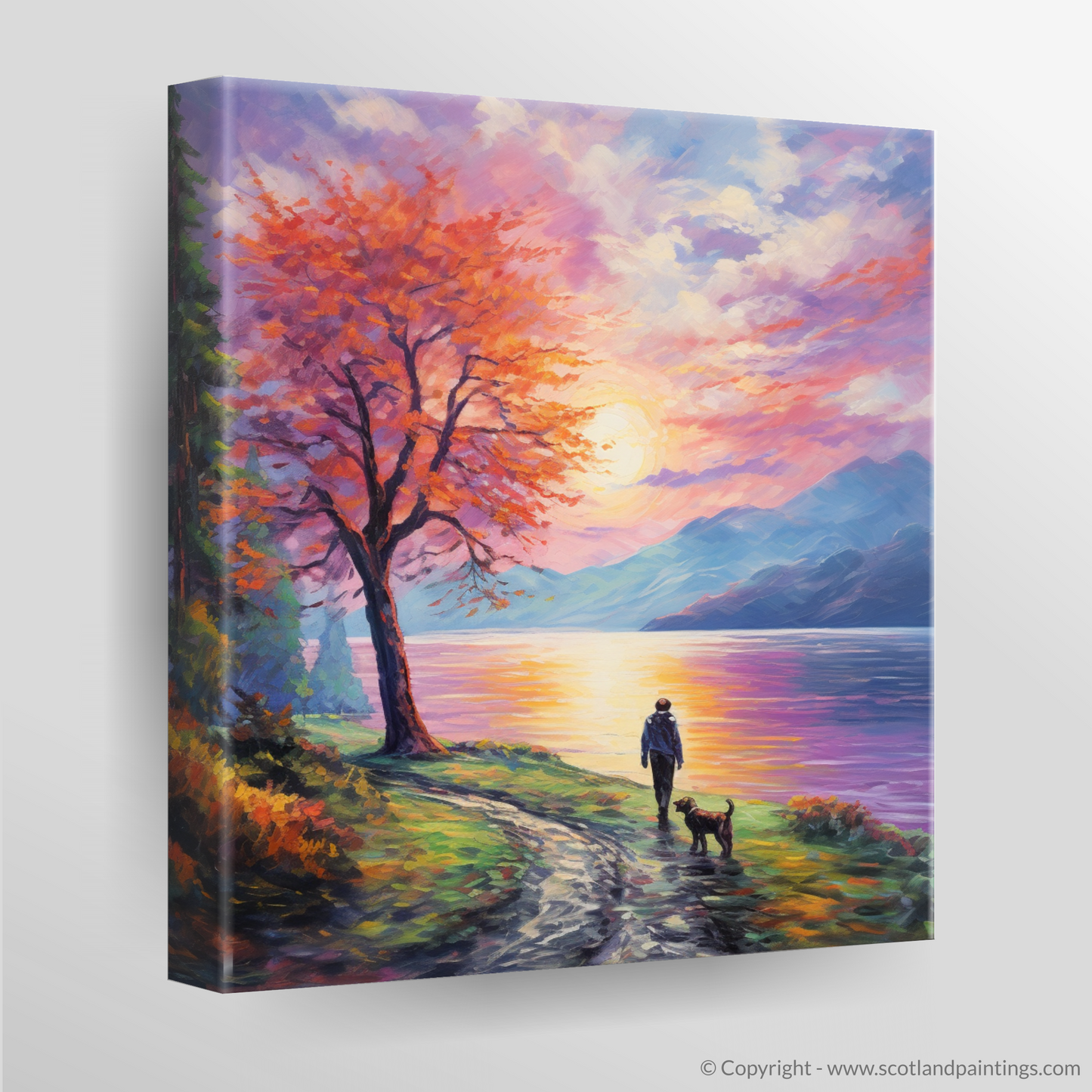 Canvas Print of A man walking dog at the side of Loch Lomond