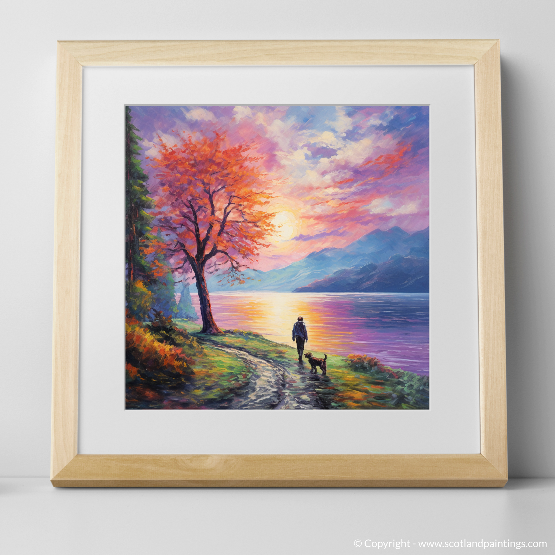 Art Print of A man walking dog at the side of Loch Lomond with a natural frame