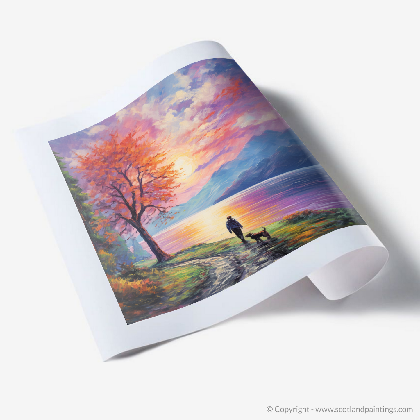 Art Print of A man walking dog at the side of Loch Lomond