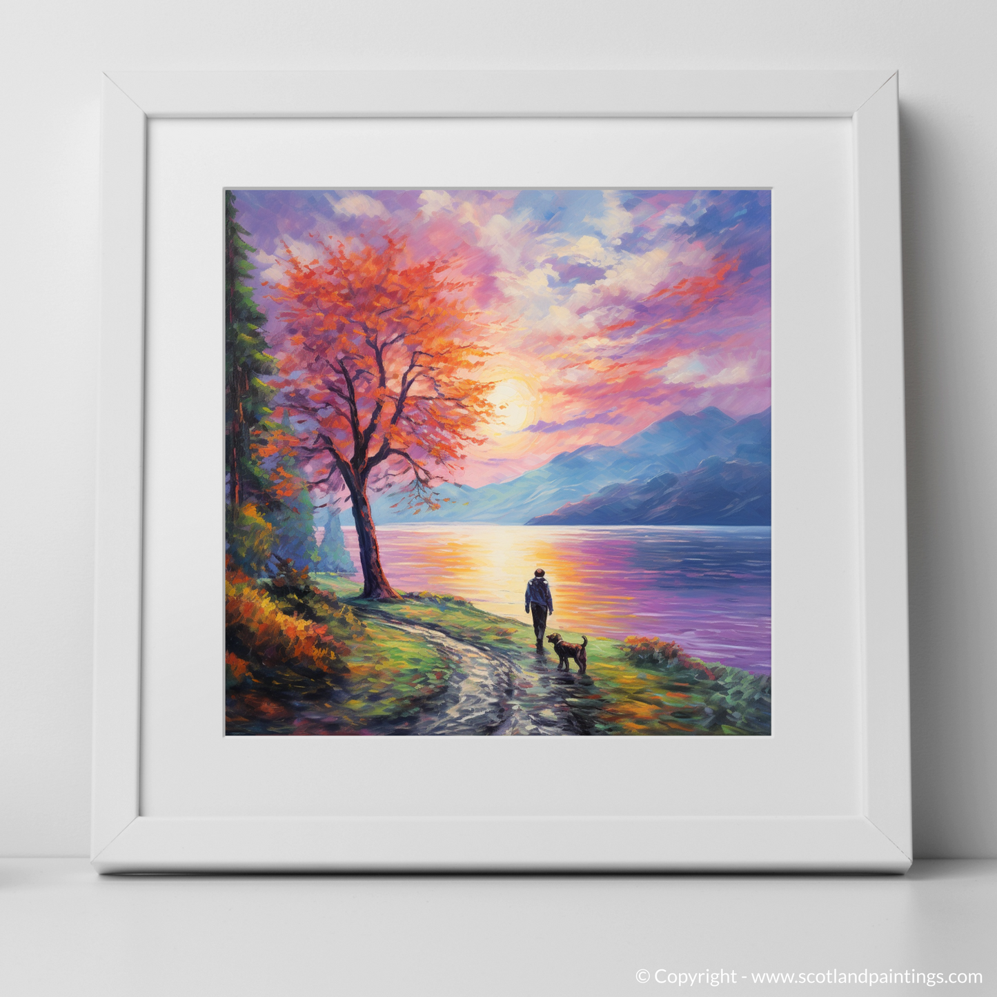 Art Print of A man walking dog at the side of Loch Lomond with a white frame