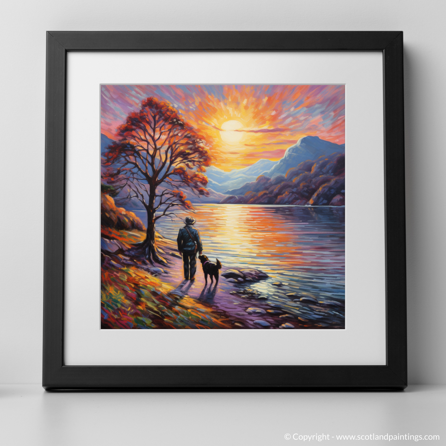 Art Print of A man walking dog at the side of Loch Lomond with a black frame