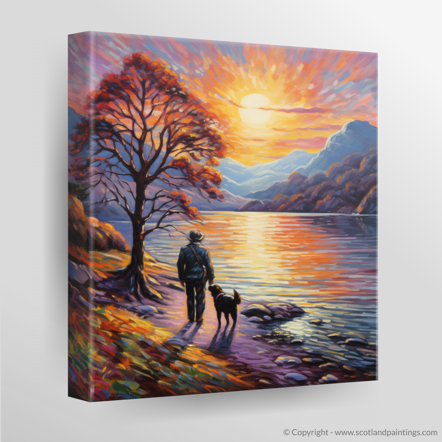 Canvas Print of A man walking dog at the side of Loch Lomond