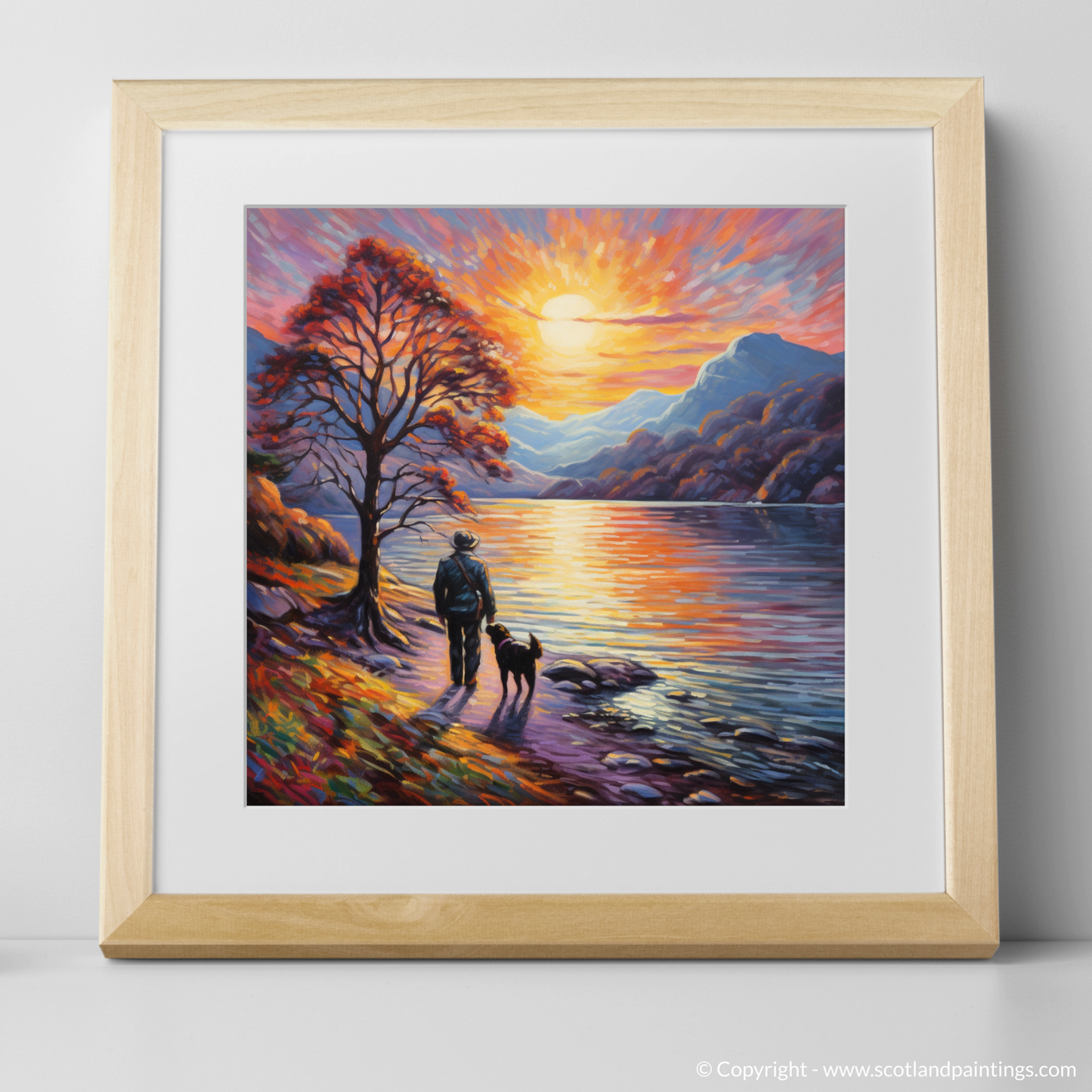 Art Print of A man walking dog at the side of Loch Lomond with a natural frame