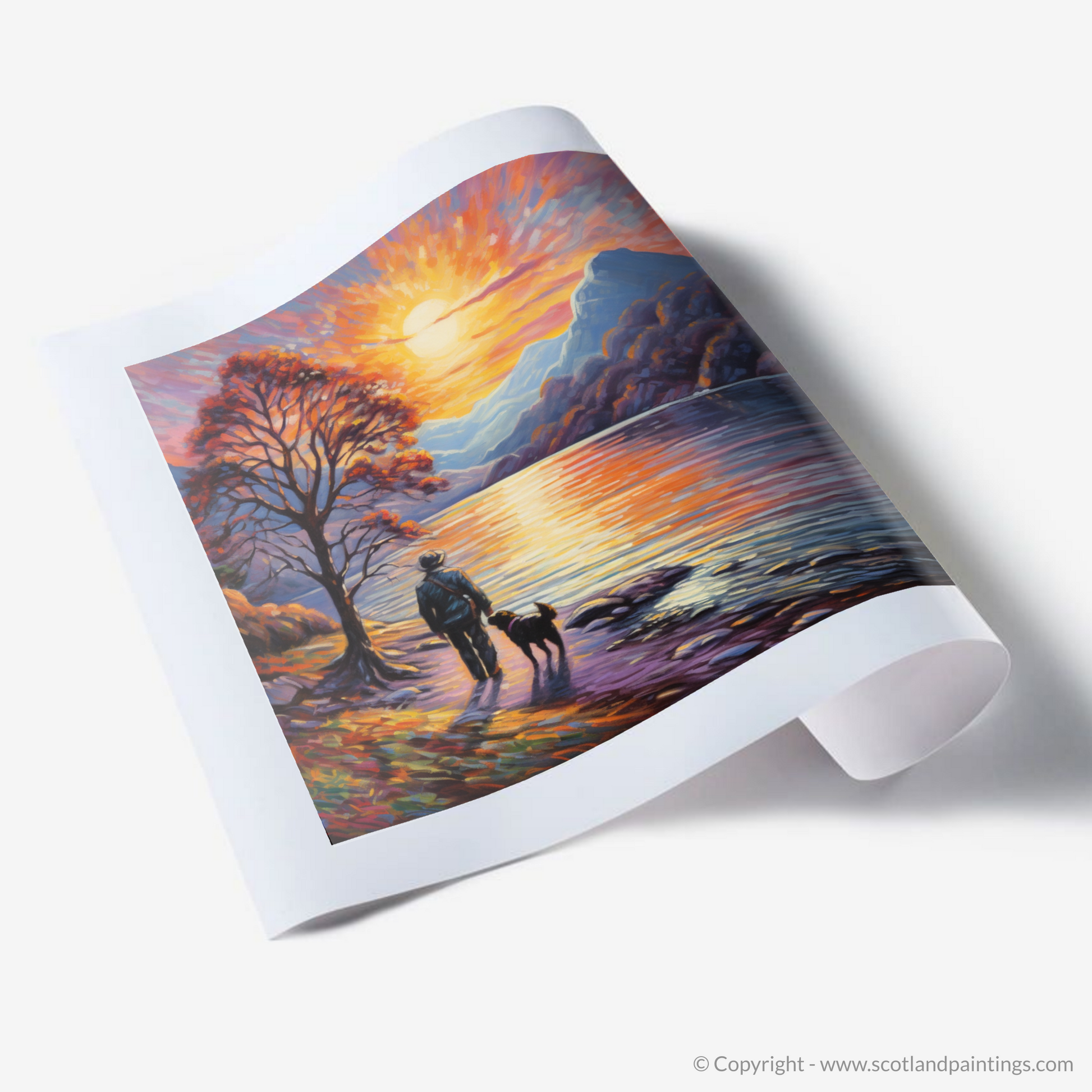 Art Print of A man walking dog at the side of Loch Lomond