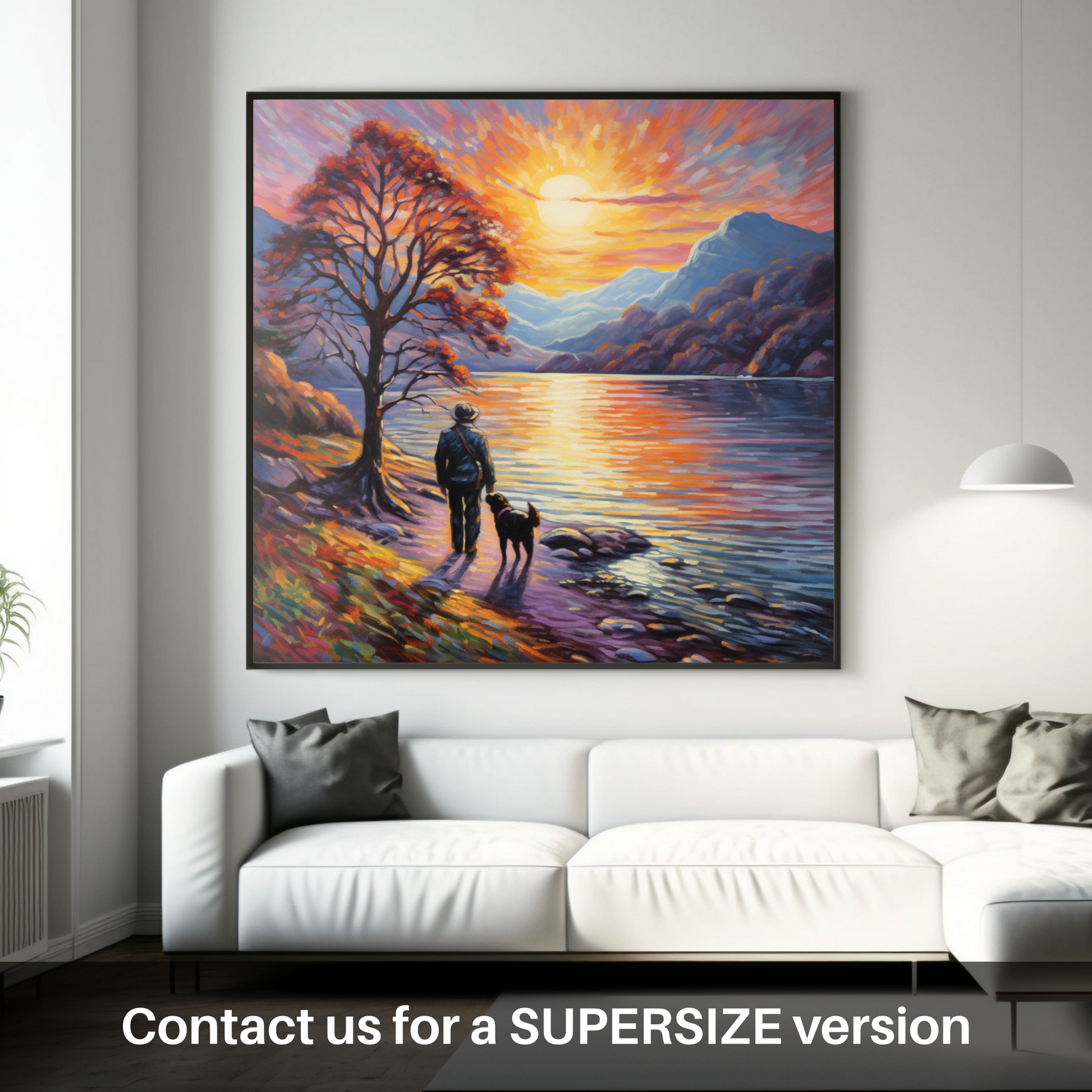 Huge supersize print of A man walking dog at the side of Loch Lomond