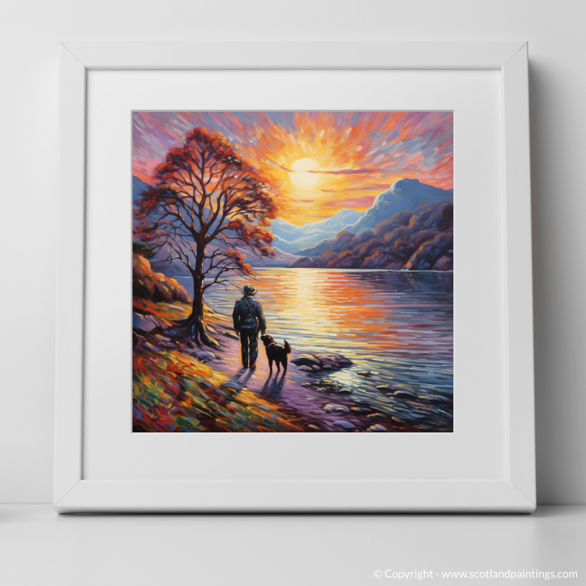 Art Print of A man walking dog at the side of Loch Lomond with a white frame