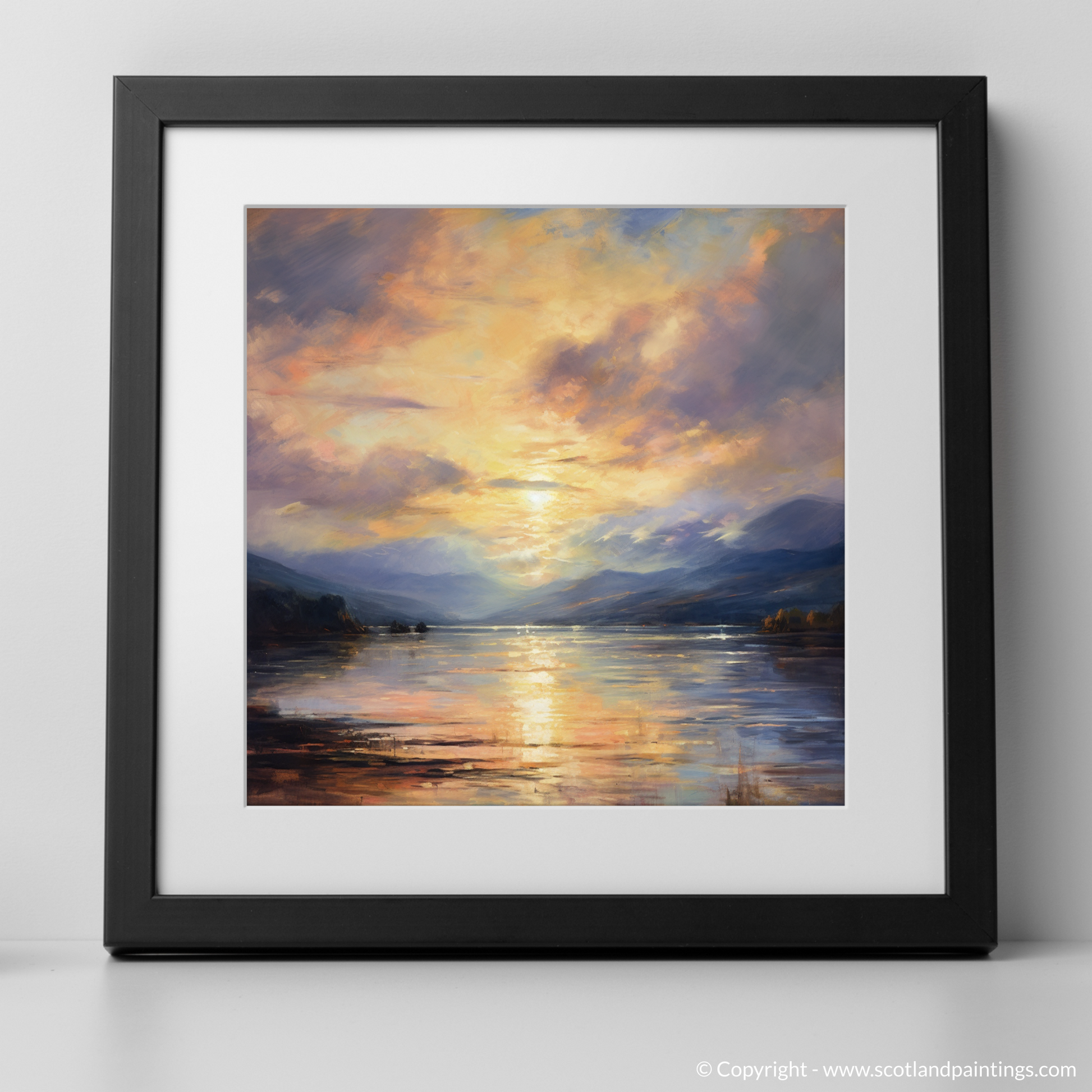 Art Print of Crepuscular rays above Loch Lomond with a black frame