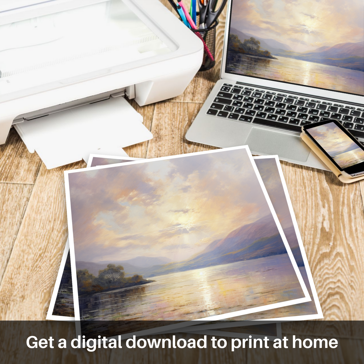 Downloadable and printable picture of Crepuscular rays above Loch Lomond