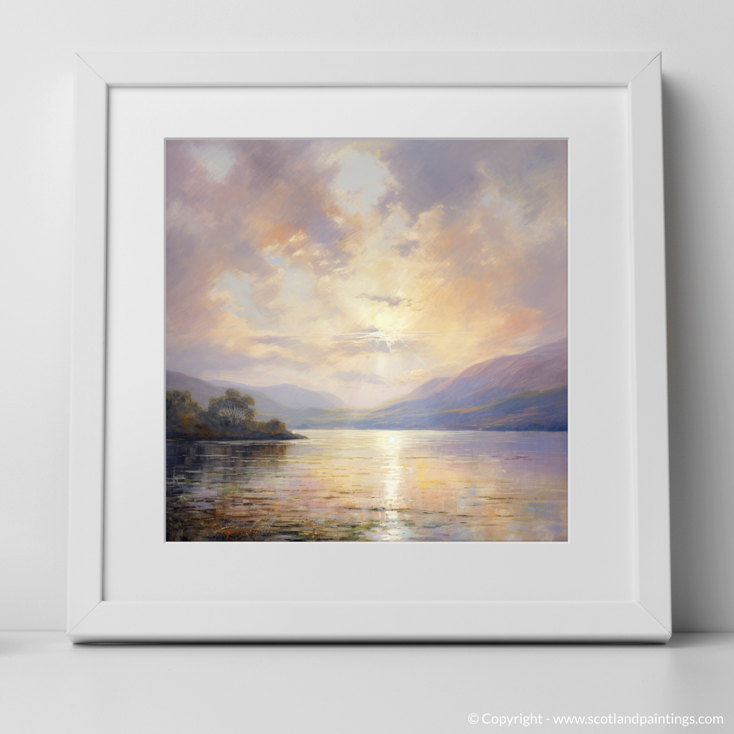 Art Print of Crepuscular rays above Loch Lomond with a white frame