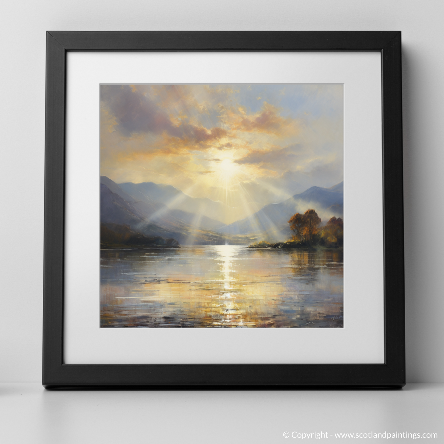 Art Print of Crepuscular rays above Loch Lomond with a black frame