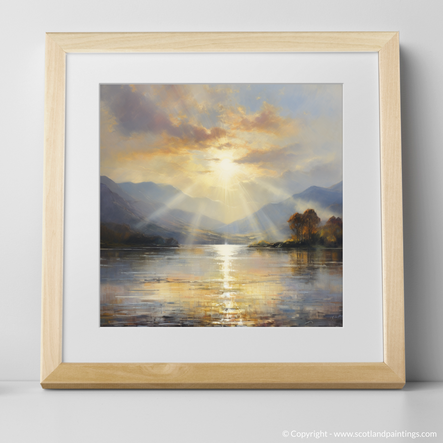 Art Print of Crepuscular rays above Loch Lomond with a natural frame