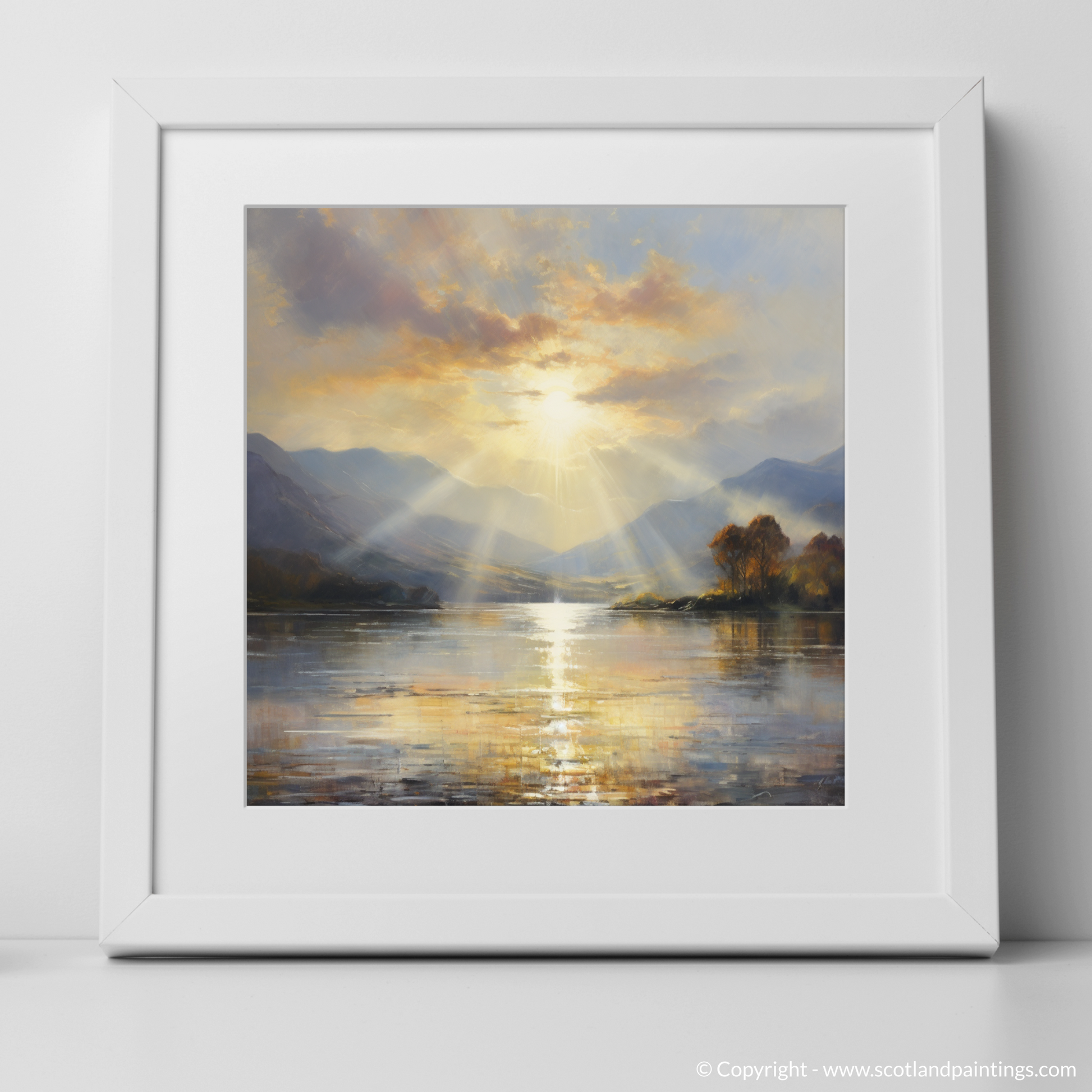 Art Print of Crepuscular rays above Loch Lomond with a white frame