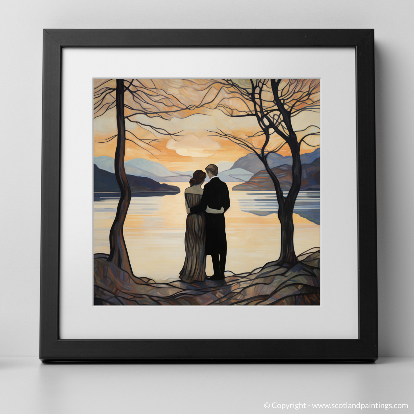 Art Print of A couple holding hands looking out on Loch Lomond with a black frame