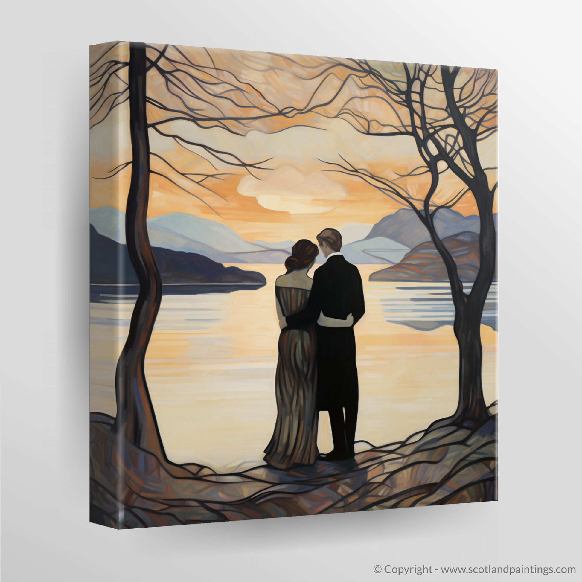 Canvas Print of A couple holding hands looking out on Loch Lomond