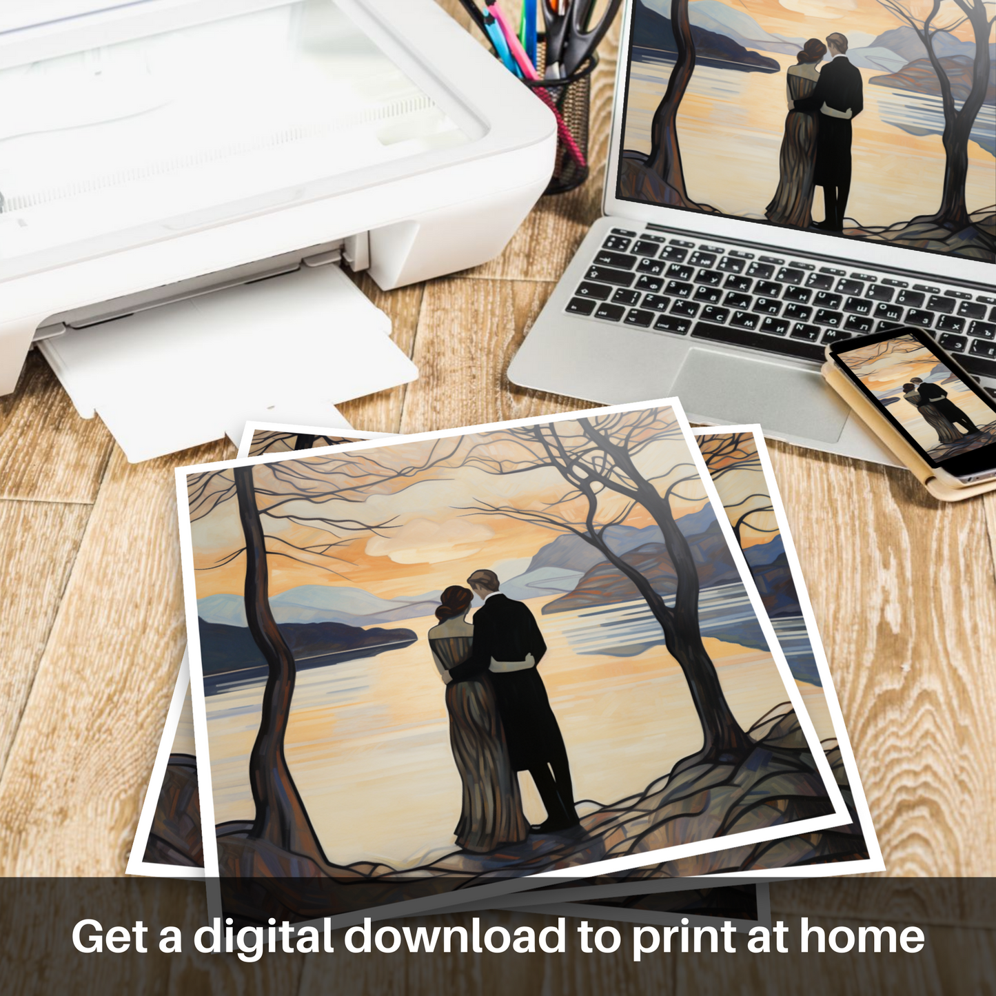 Downloadable and printable picture of A couple holding hands looking out on Loch Lomond