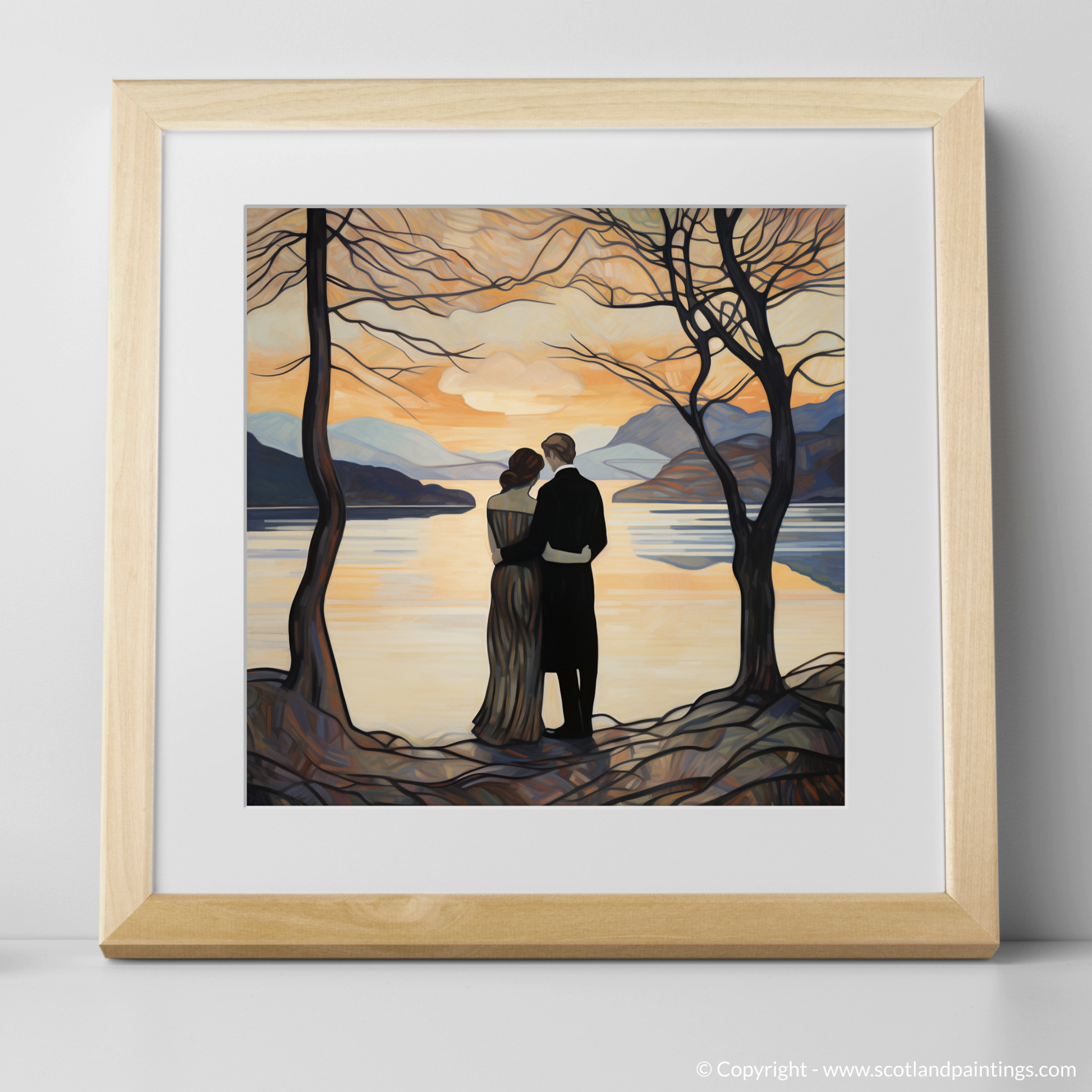 Art Print of A couple holding hands looking out on Loch Lomond with a natural frame