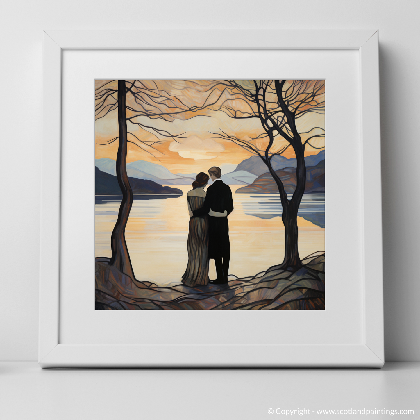 Art Print of A couple holding hands looking out on Loch Lomond with a white frame