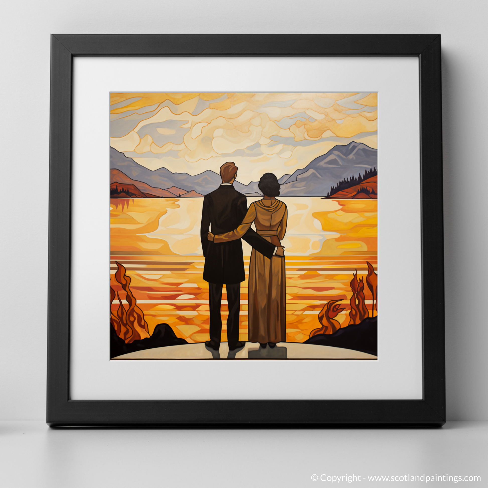 Art Print of A couple holding hands looking out on Loch Lomond with a black frame