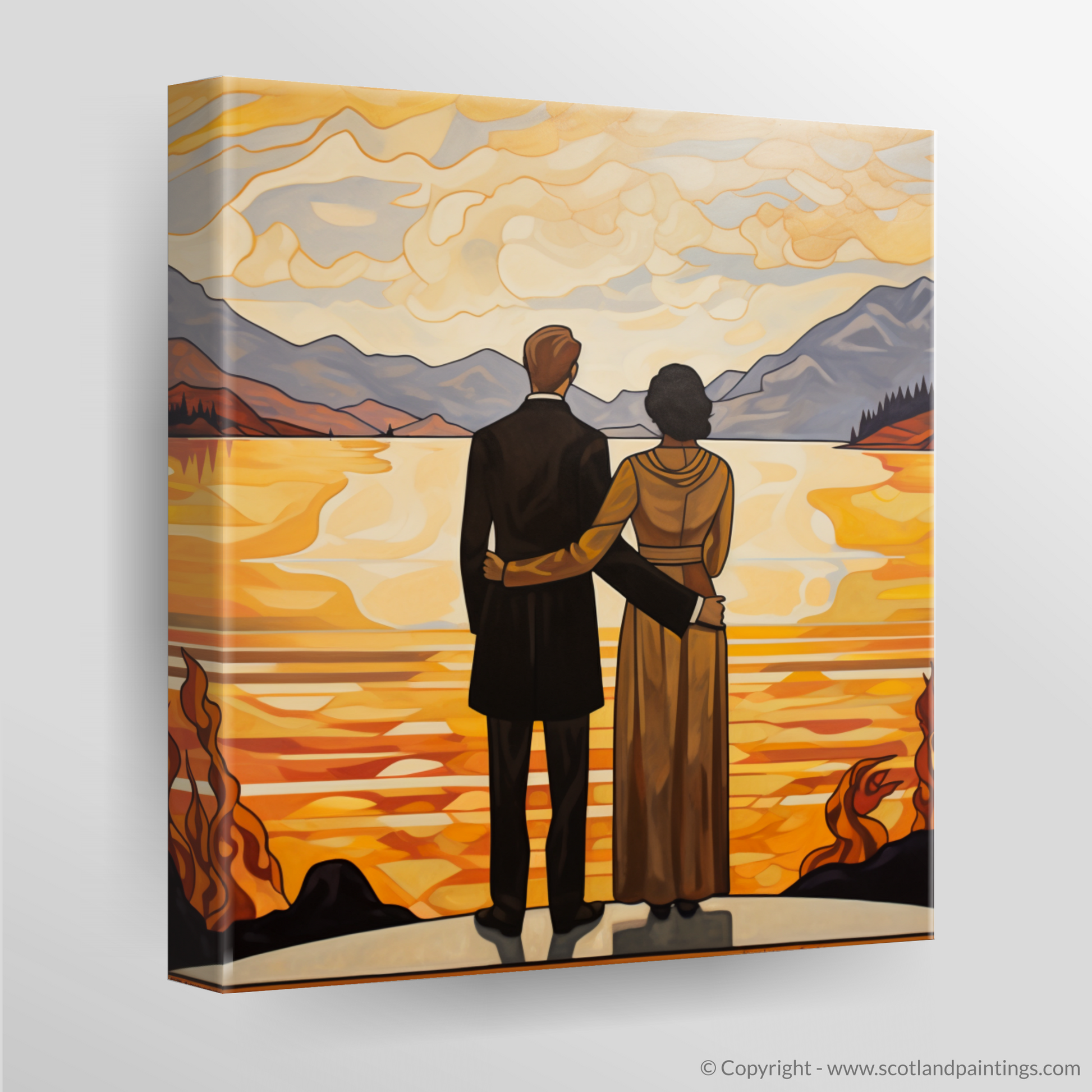 Canvas Print of A couple holding hands looking out on Loch Lomond