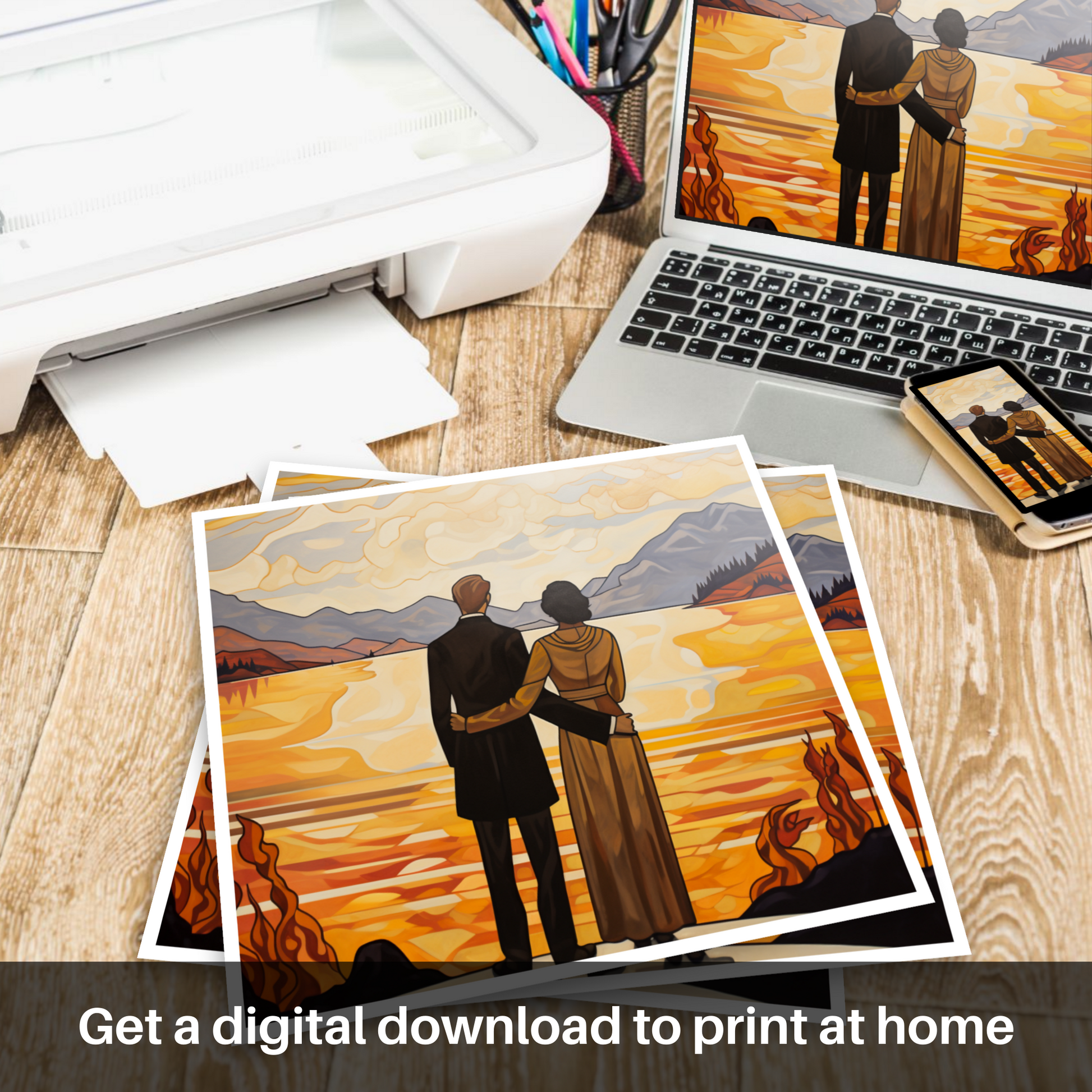 Downloadable and printable picture of A couple holding hands looking out on Loch Lomond