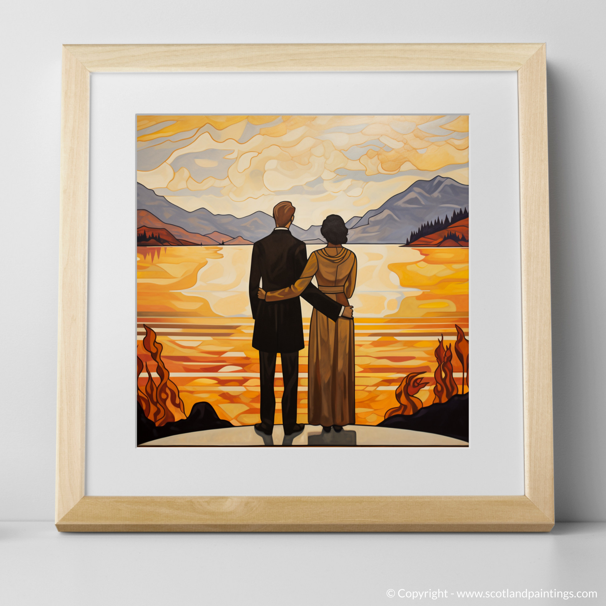 Art Print of A couple holding hands looking out on Loch Lomond with a natural frame