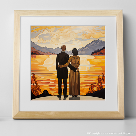 Art Print of A couple holding hands looking out on Loch Lomond with a natural frame