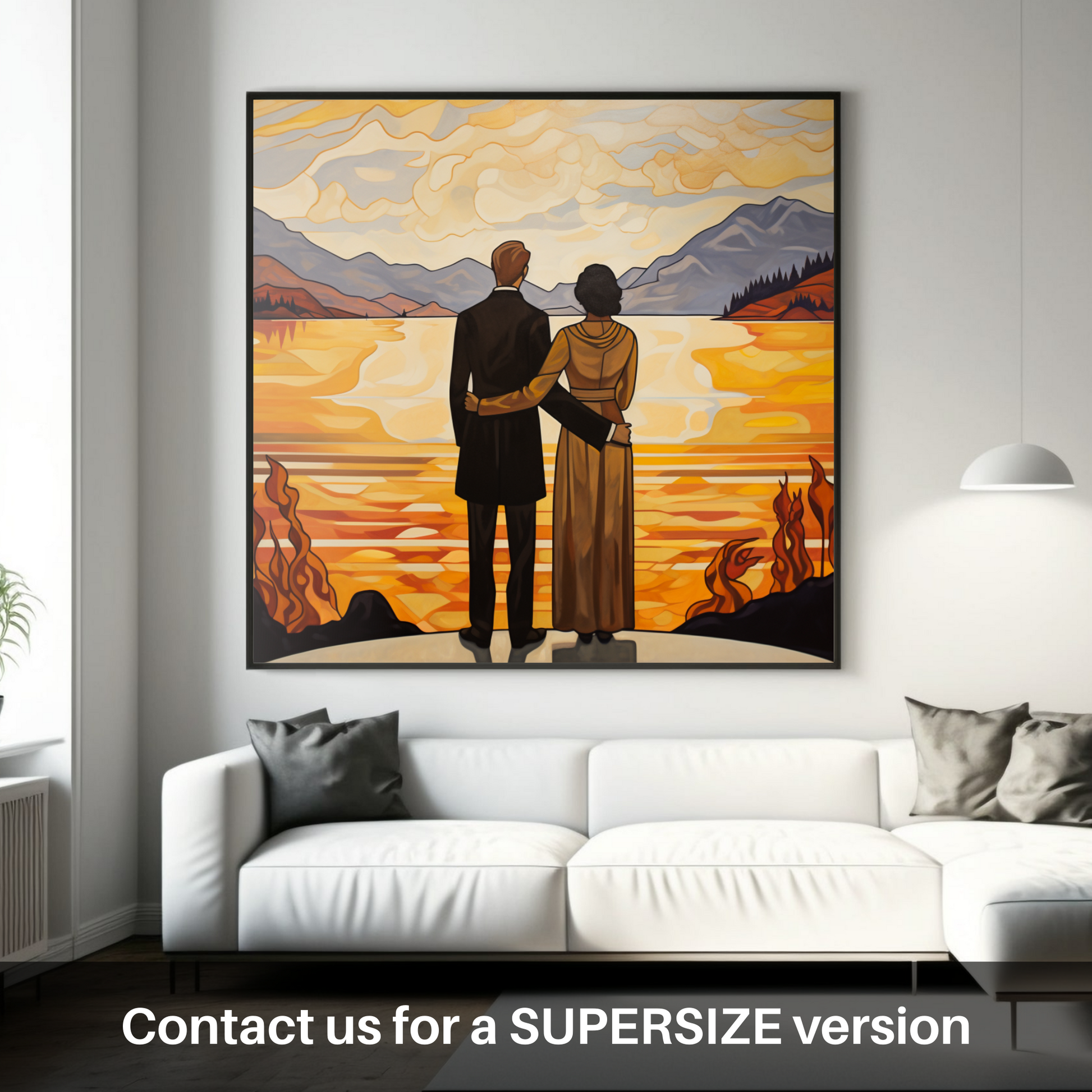 Huge supersize print of A couple holding hands looking out on Loch Lomond