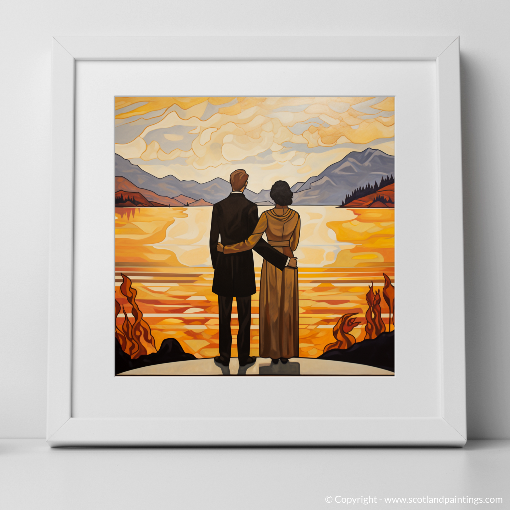 Art Print of A couple holding hands looking out on Loch Lomond with a white frame