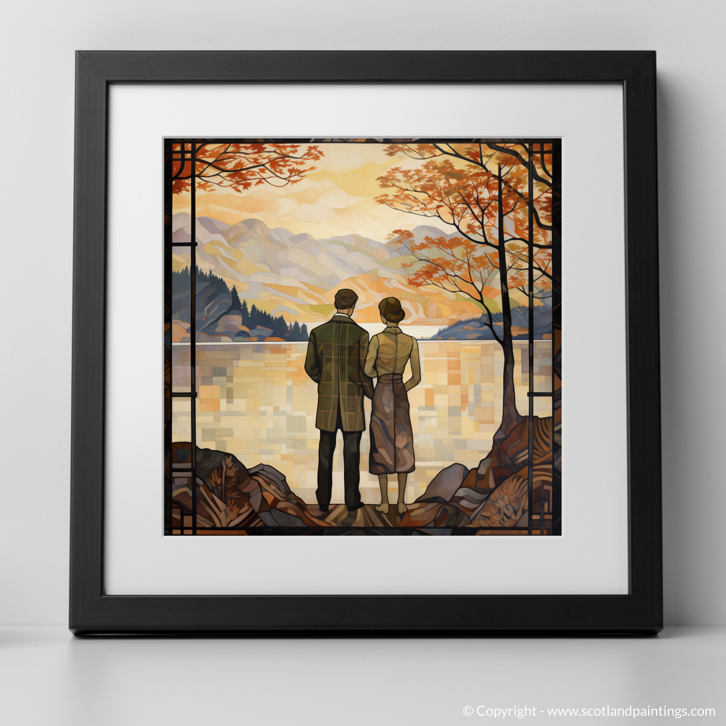 Art Print of A couple holding hands looking out on Loch Lomond with a black frame