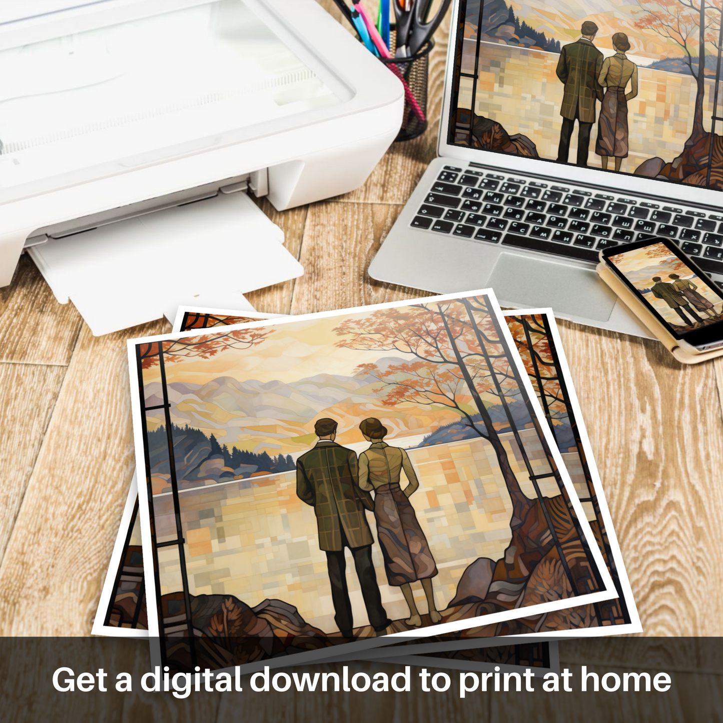 Downloadable and printable picture of A couple holding hands looking out on Loch Lomond