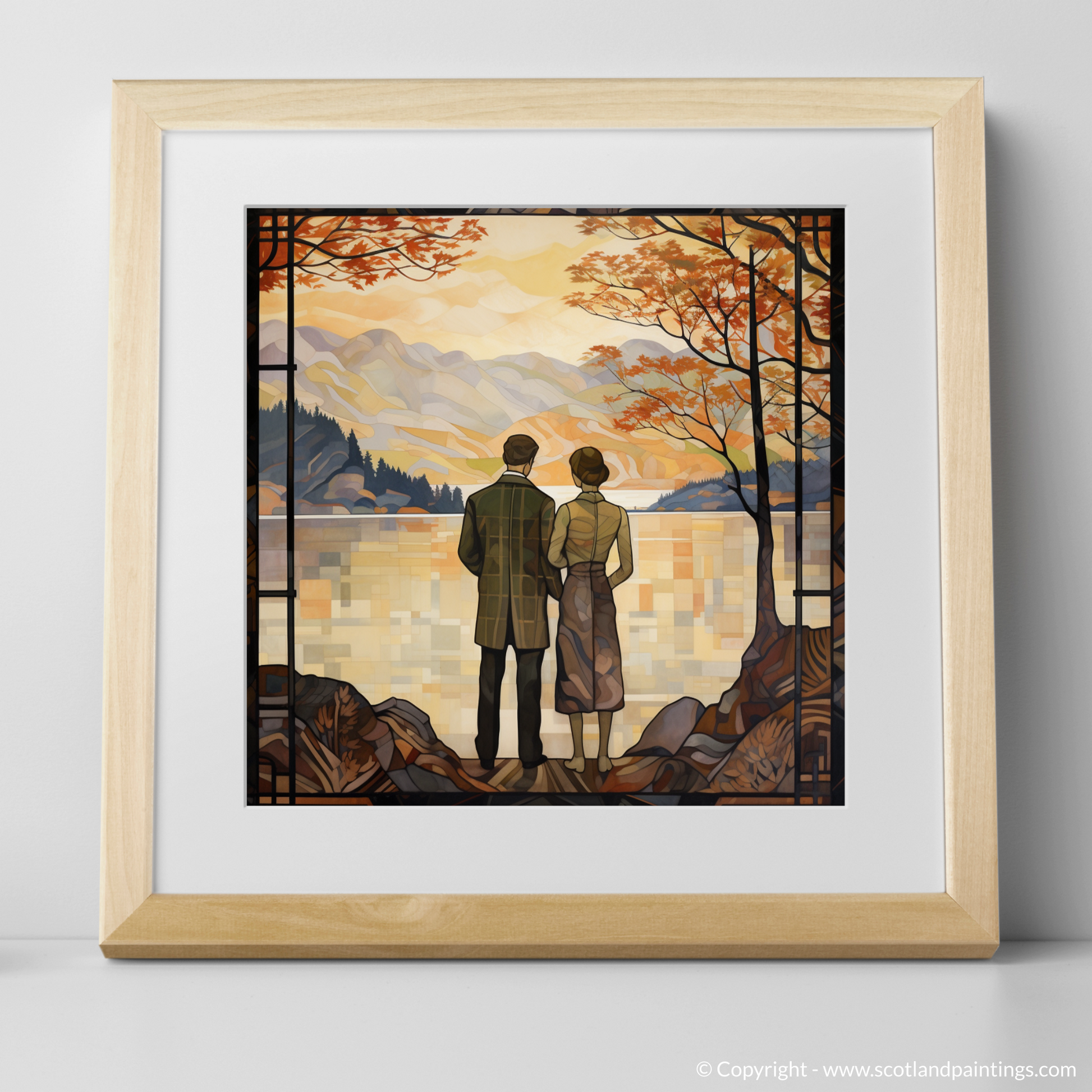 Art Print of A couple holding hands looking out on Loch Lomond with a natural frame