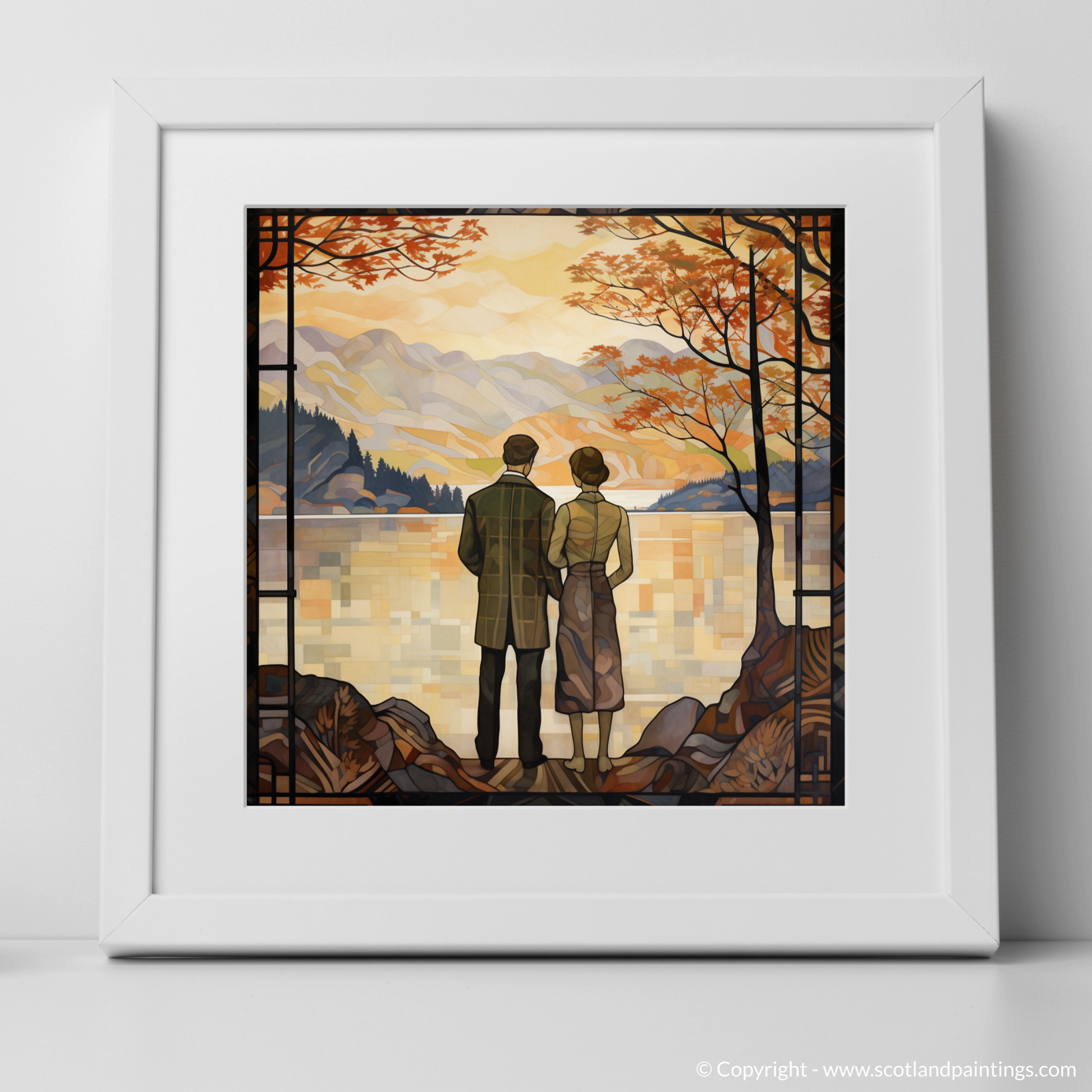 Art Print of A couple holding hands looking out on Loch Lomond with a white frame