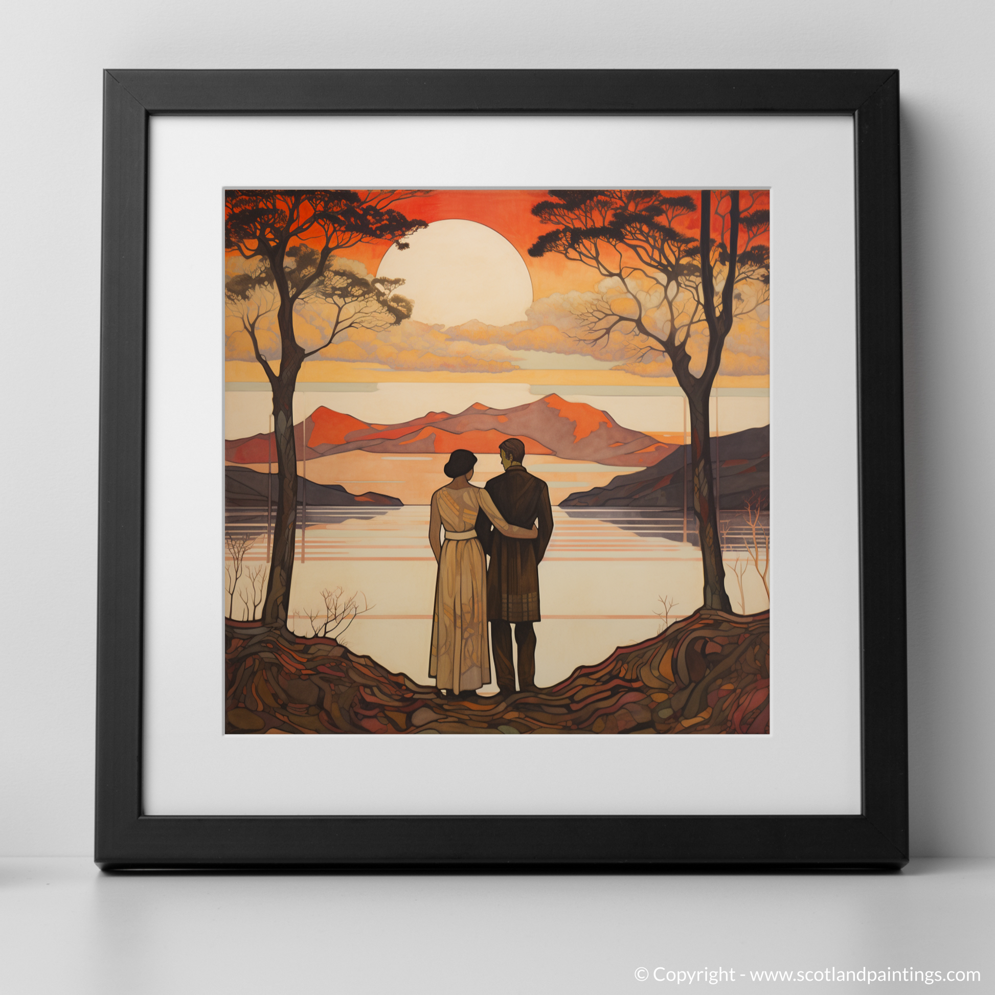 Art Print of A couple holding hands looking out on Loch Lomond with a black frame