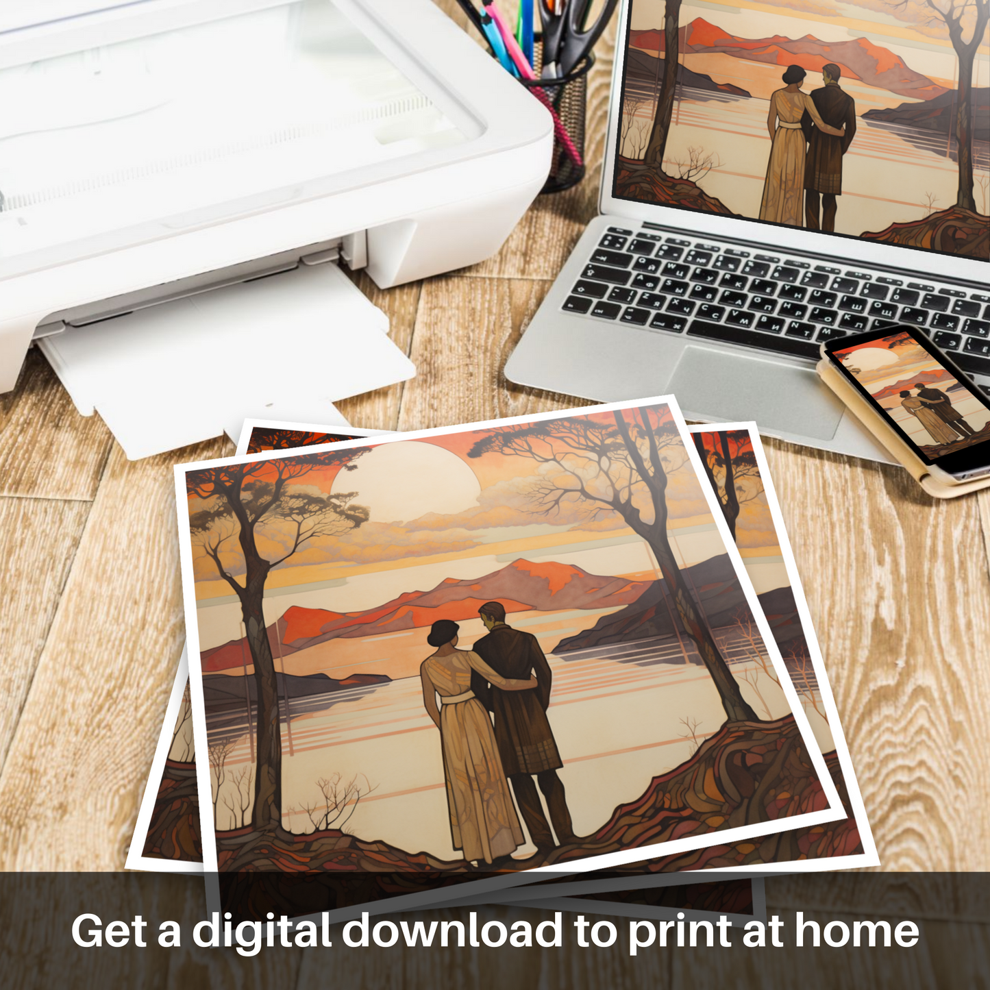 Downloadable and printable picture of A couple holding hands looking out on Loch Lomond