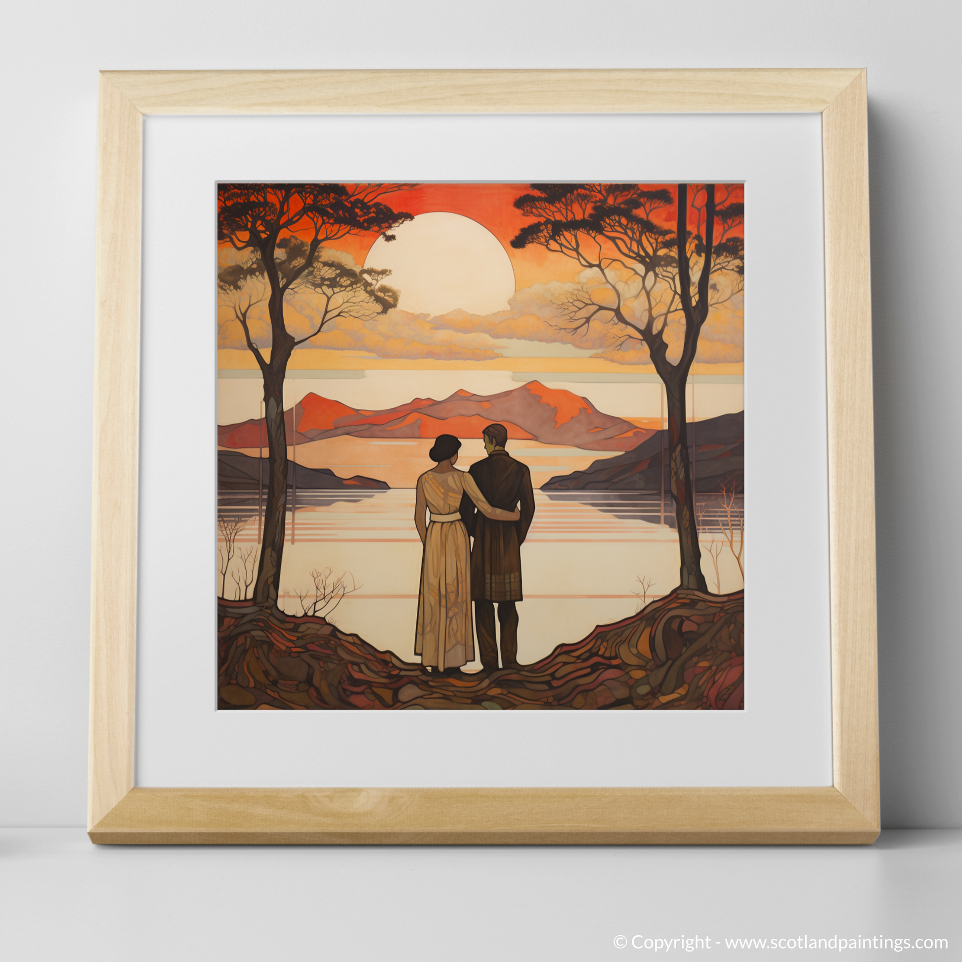 Art Print of A couple holding hands looking out on Loch Lomond with a natural frame