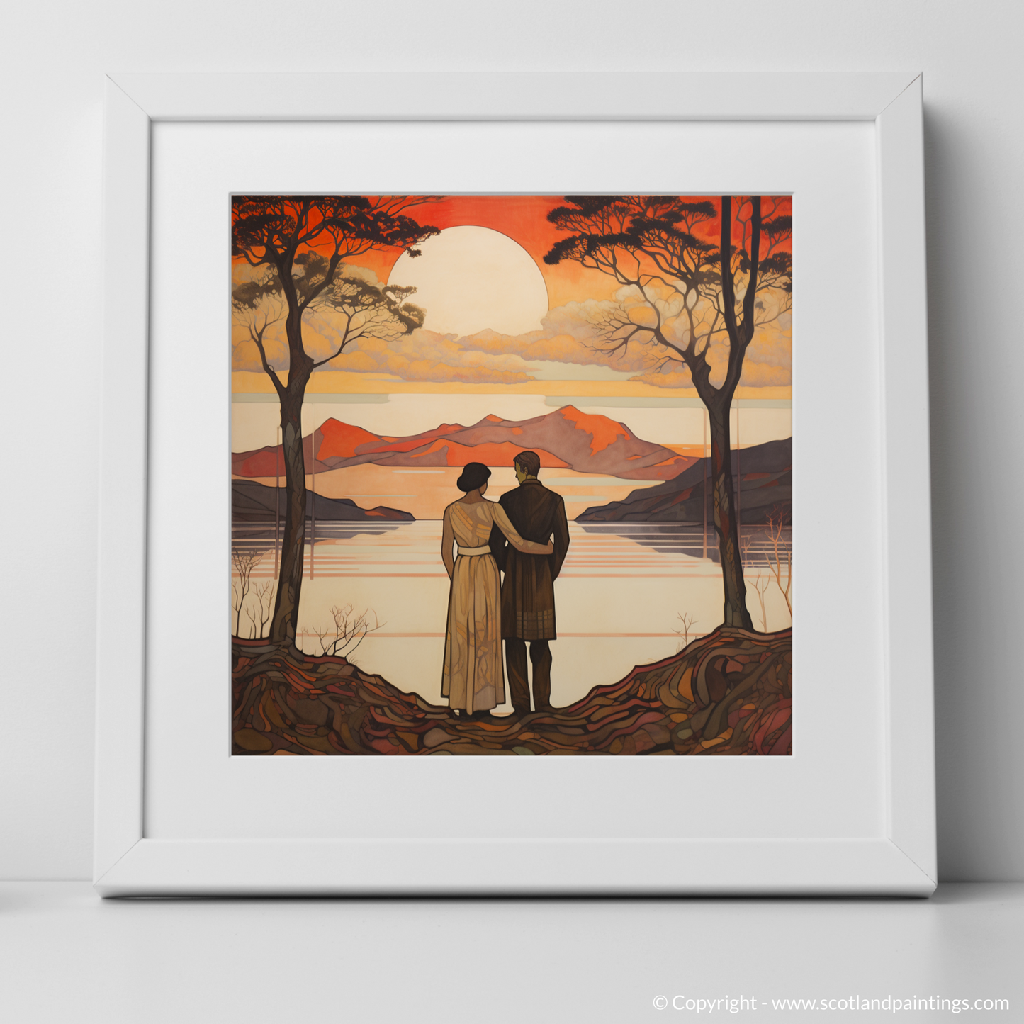 Art Print of A couple holding hands looking out on Loch Lomond with a white frame