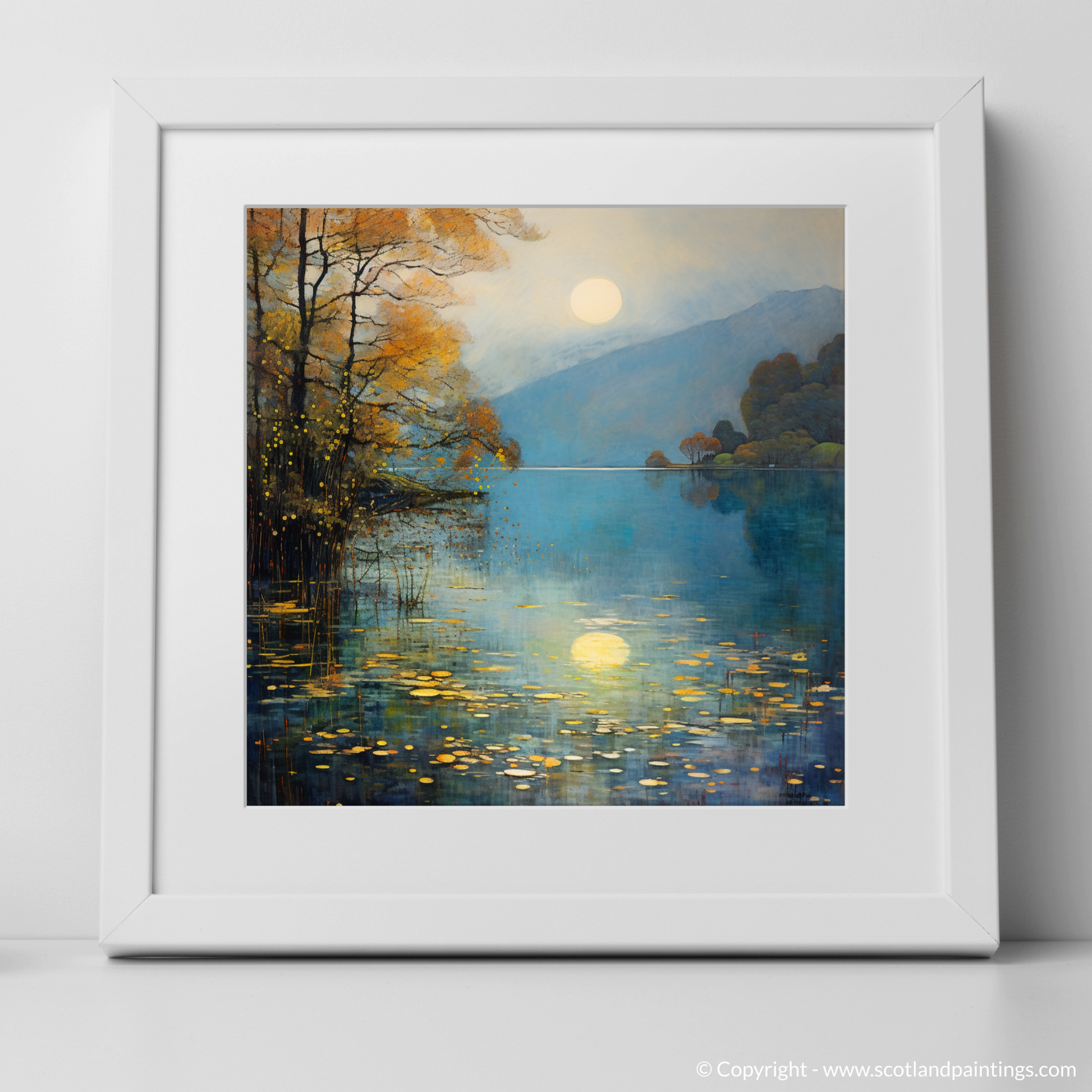 Art Print of Misty morning on Loch Lomond with a white frame