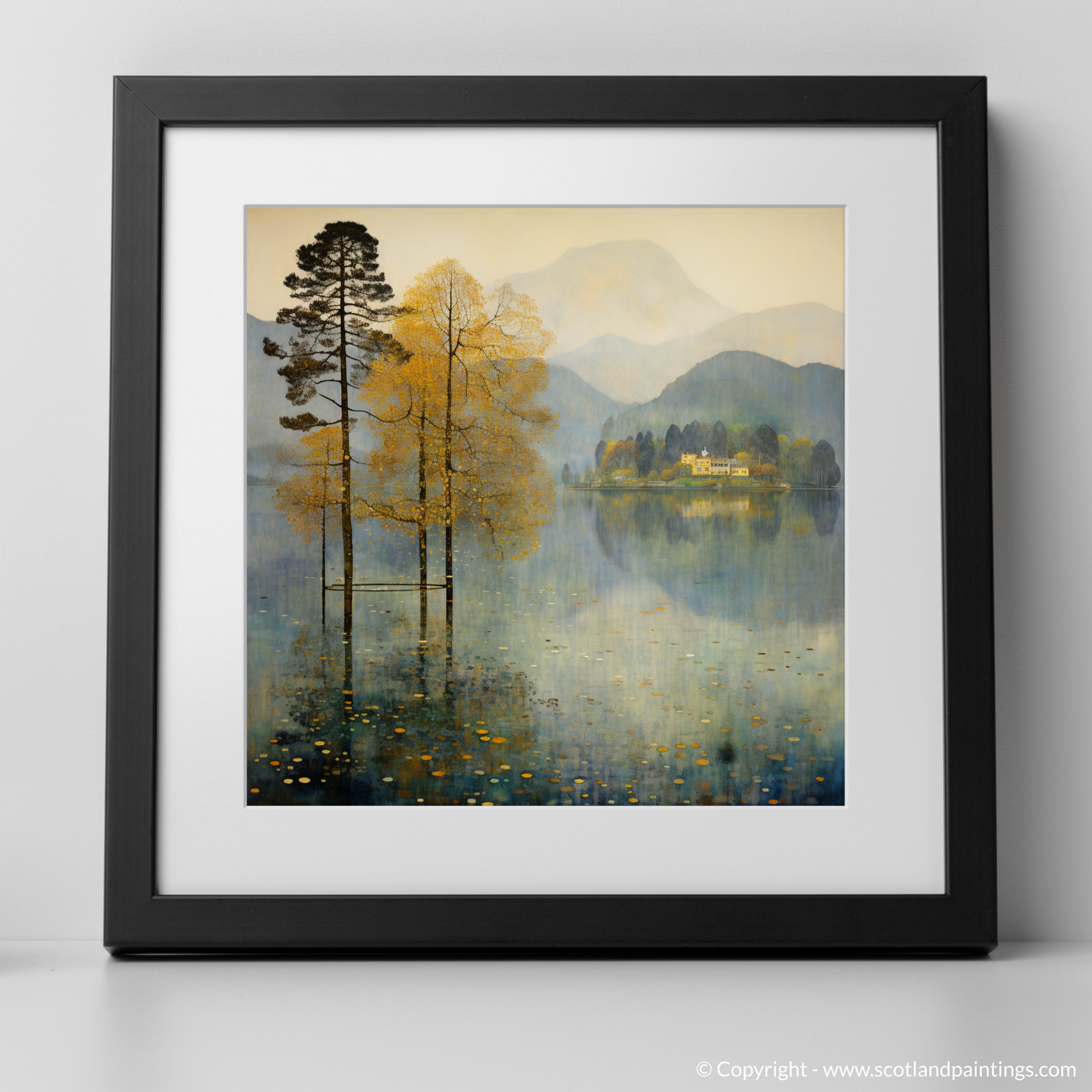 Art Print of Misty morning on Loch Lomond with a black frame
