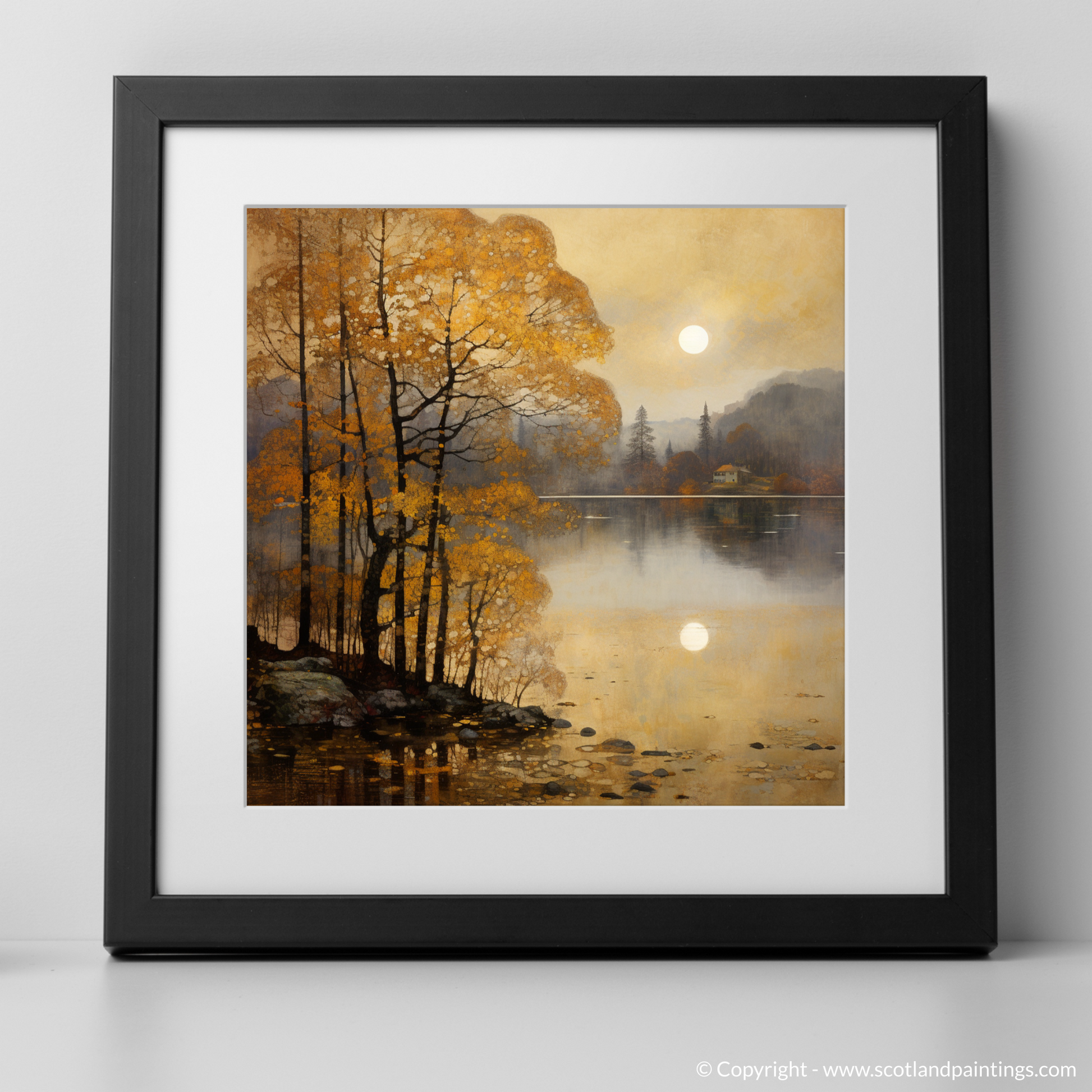 Art Print of Misty morning on Loch Lomond with a black frame