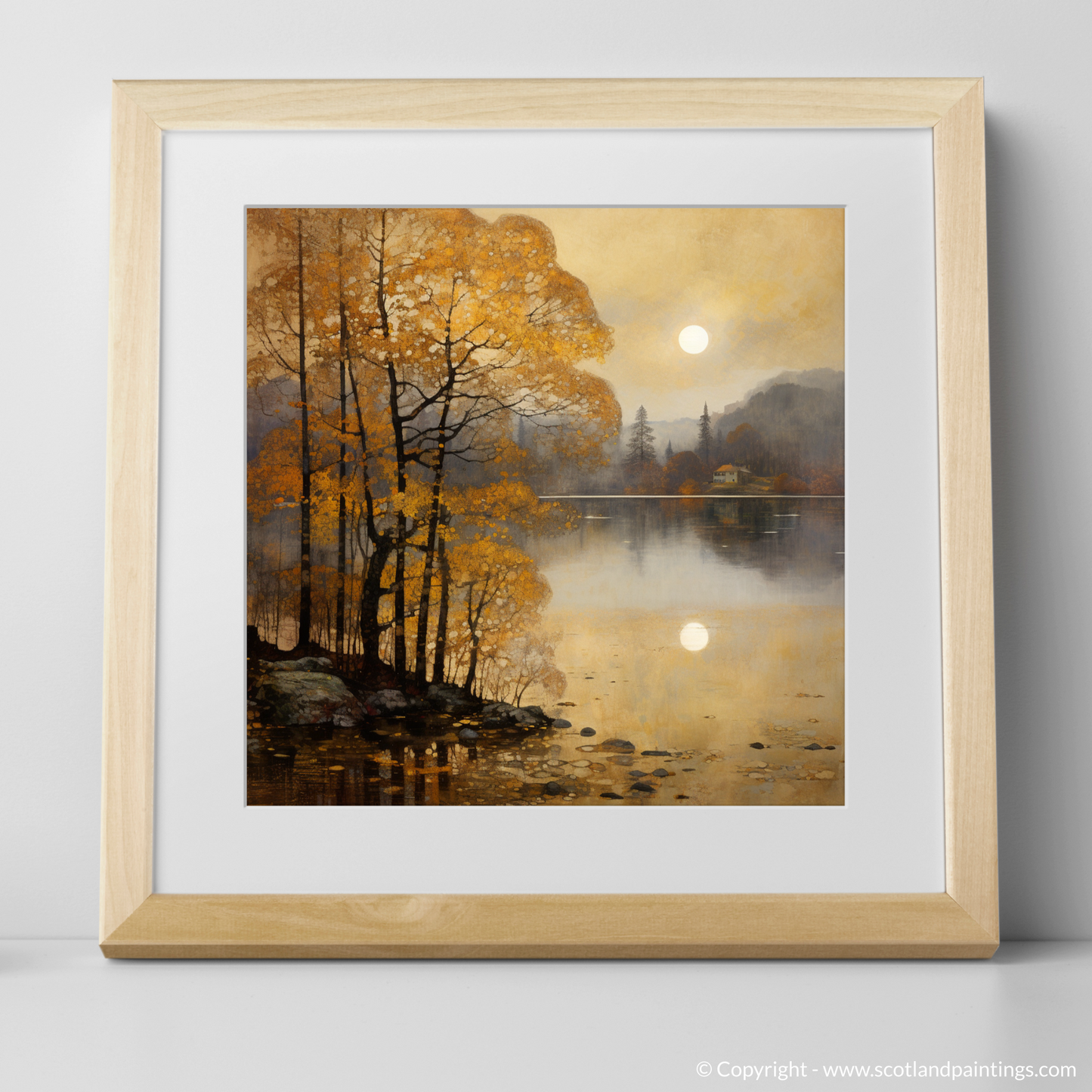 Art Print of Misty morning on Loch Lomond with a natural frame