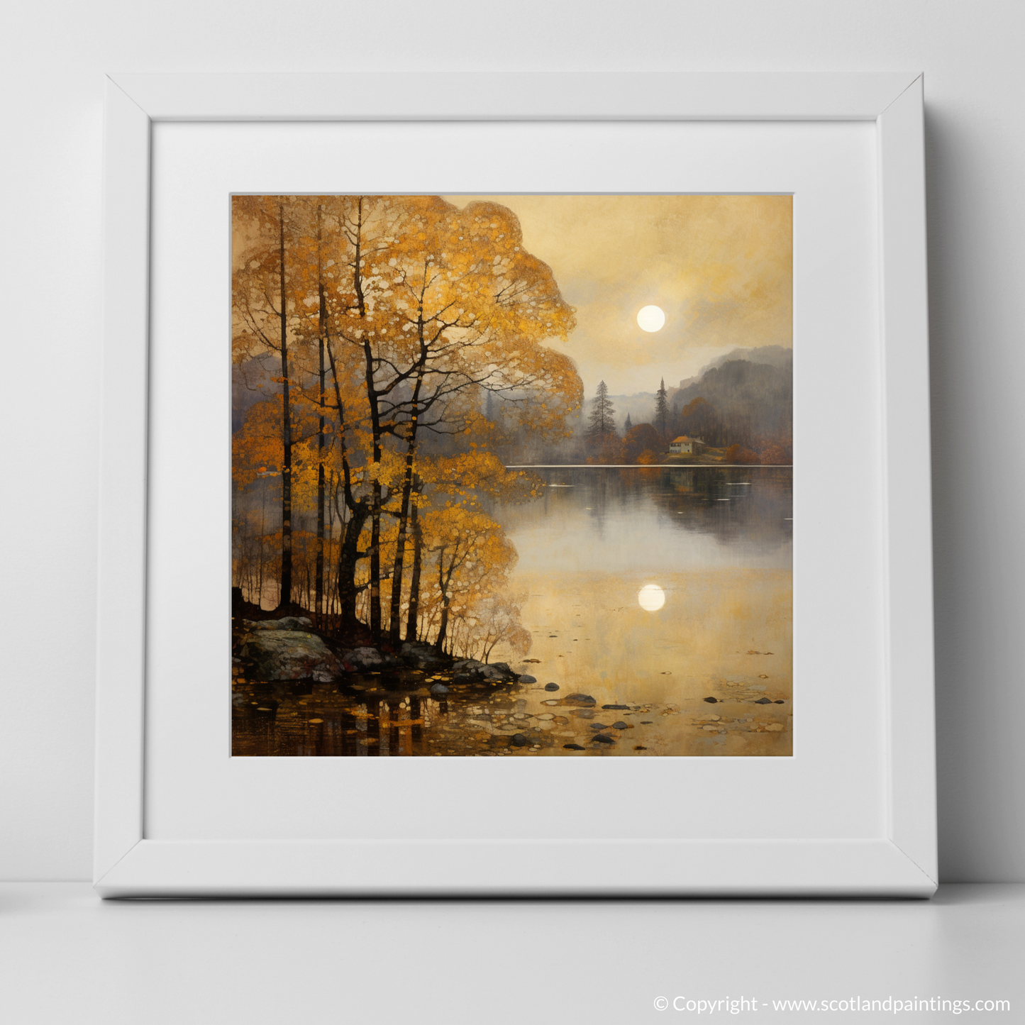 Art Print of Misty morning on Loch Lomond with a white frame