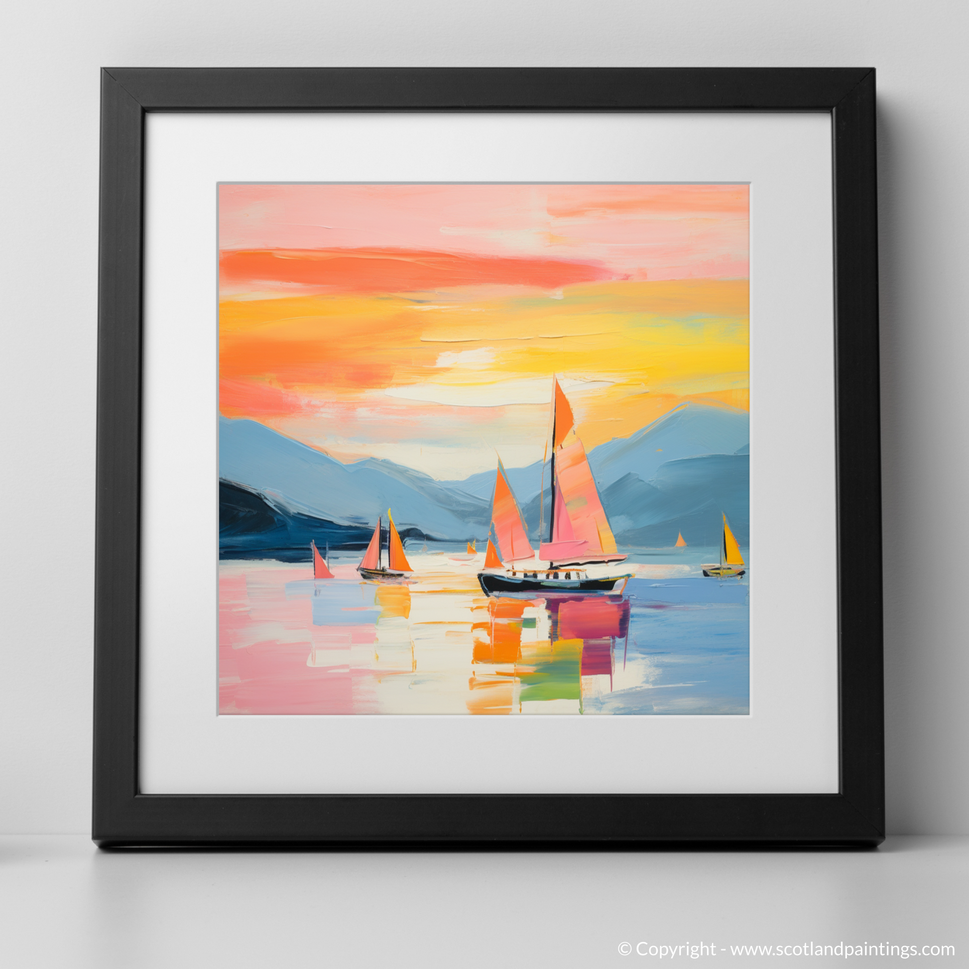 Art Print of Sailing boats on Loch Lomond at sunset with a black frame