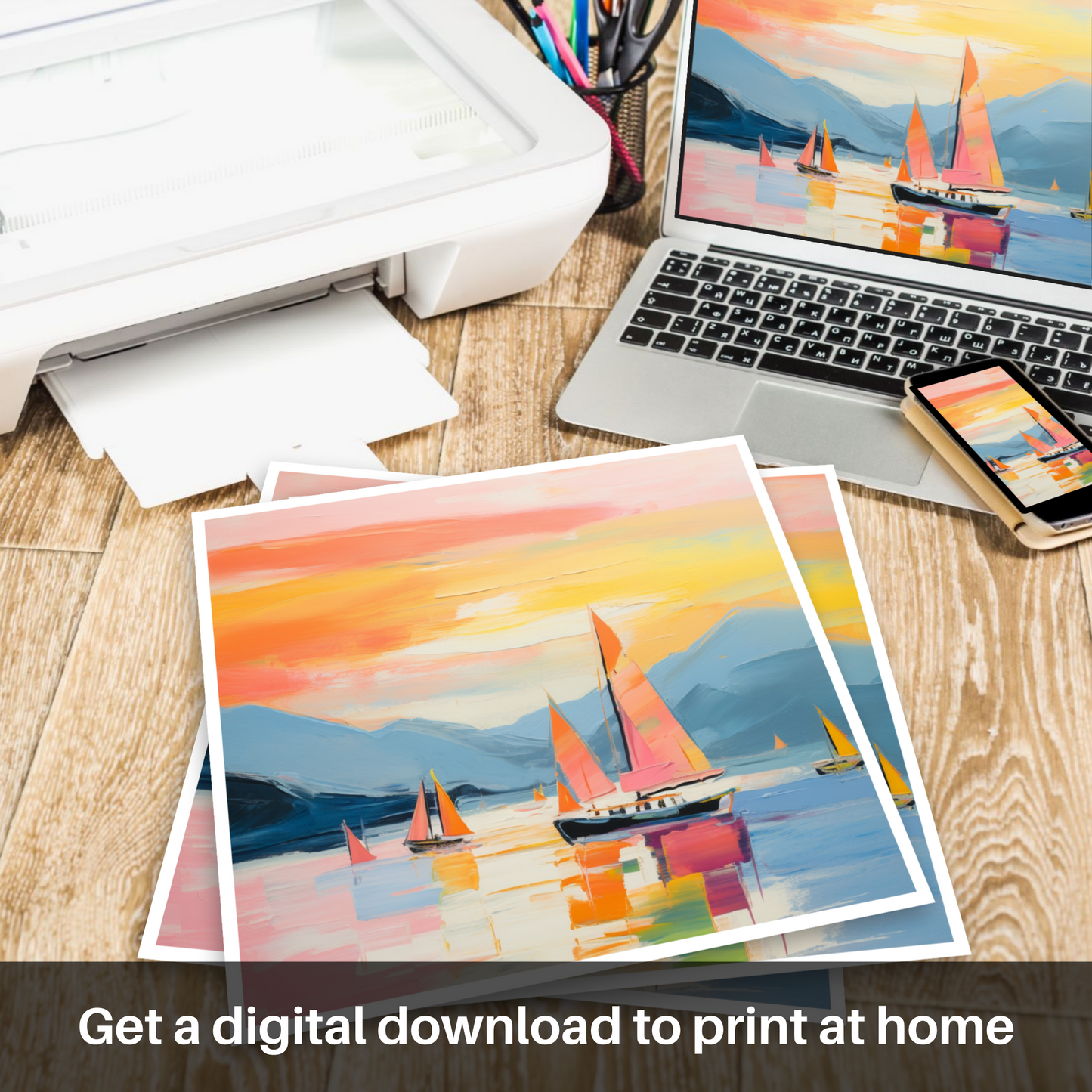 Downloadable and printable picture of Sailing boats on Loch Lomond at sunset