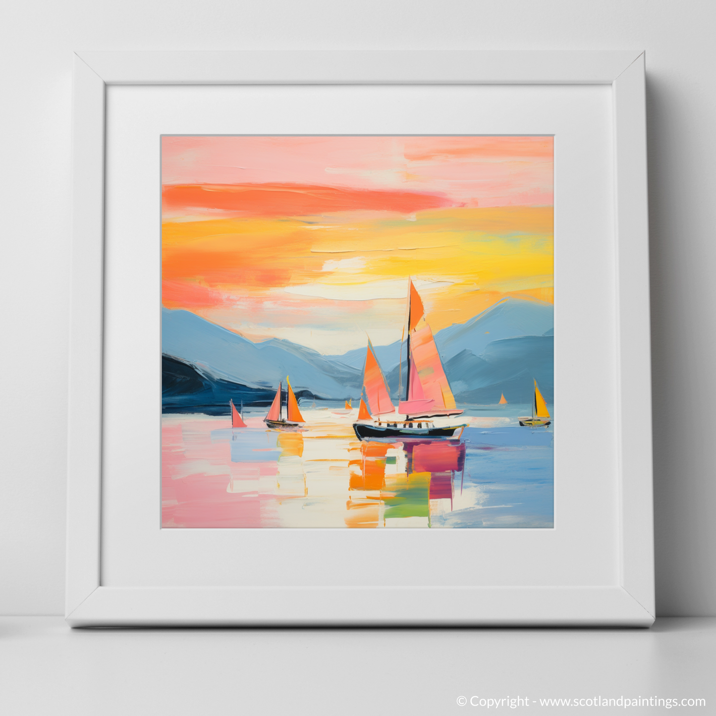 Art Print of Sailing boats on Loch Lomond at sunset with a white frame