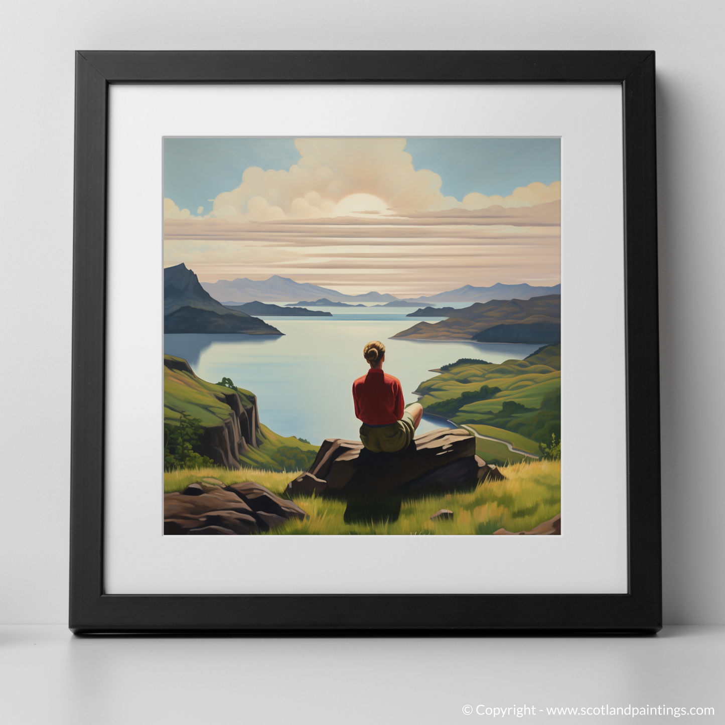 Art Print of Two hikers looking out on Loch Lomond with a black frame