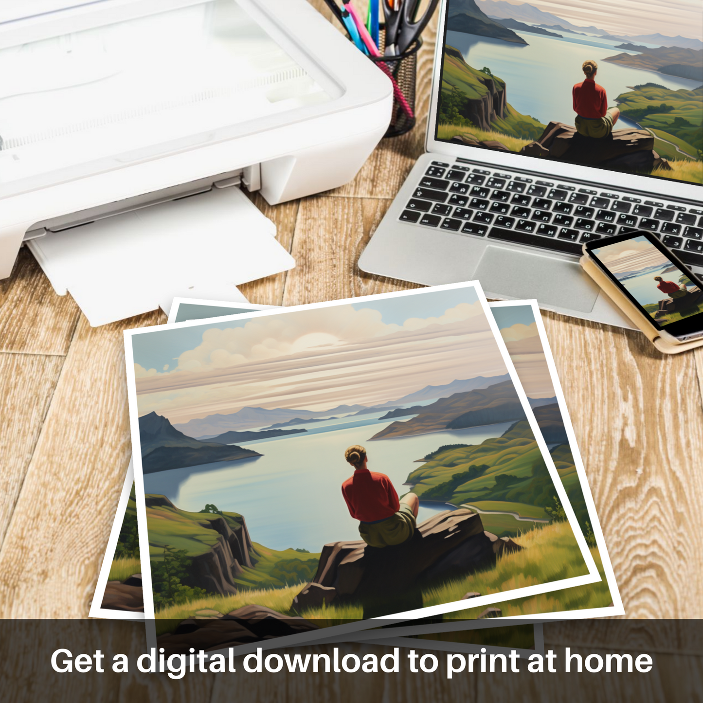 Downloadable and printable picture of Two hikers looking out on Loch Lomond