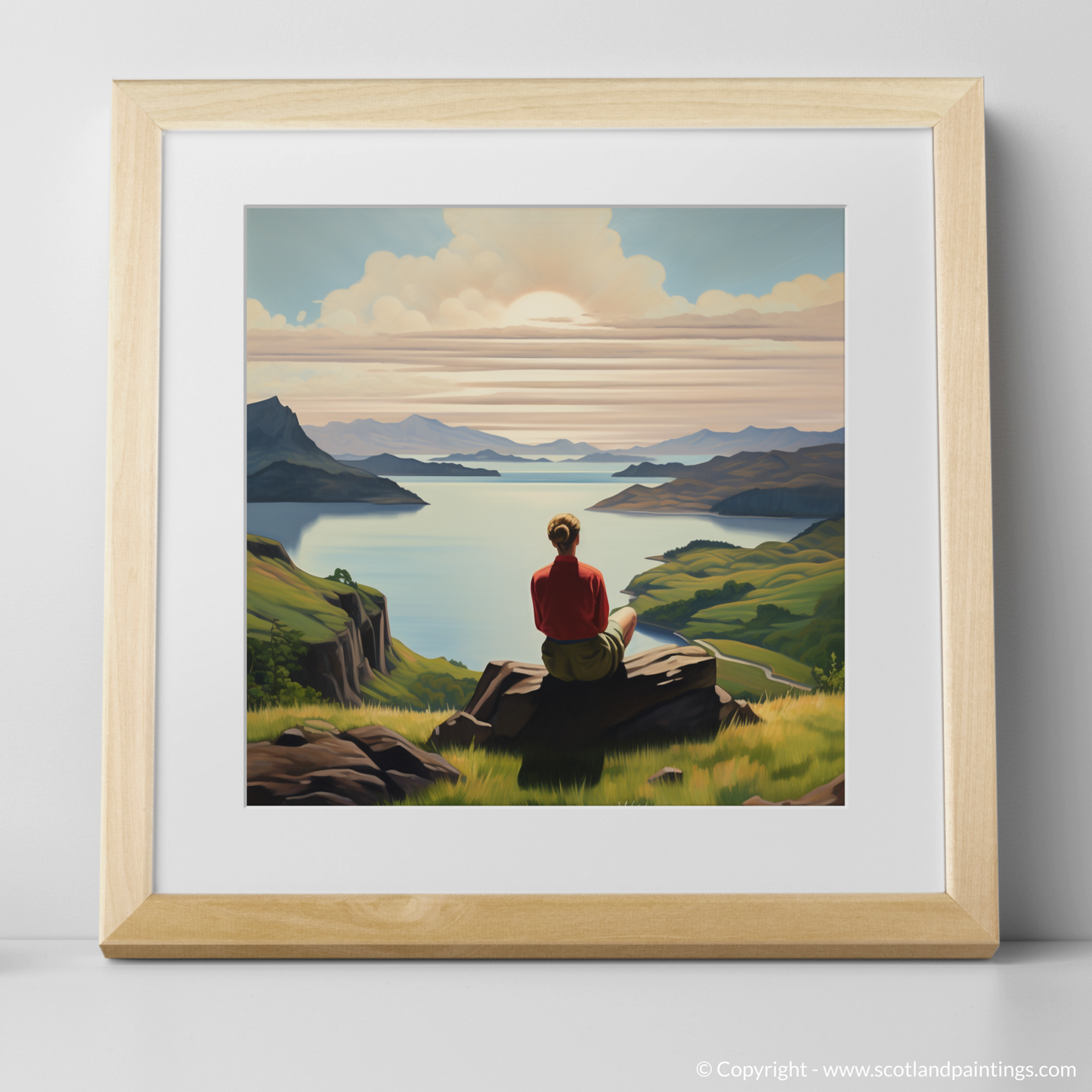 Art Print of Two hikers looking out on Loch Lomond with a natural frame